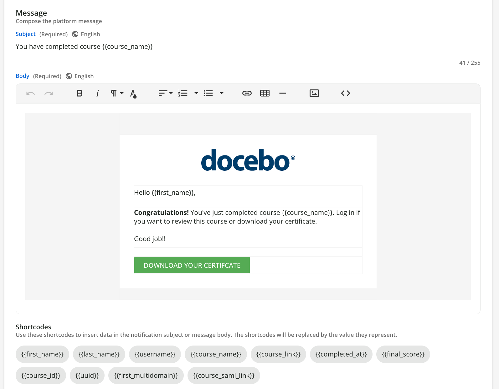Customizing the notification message.