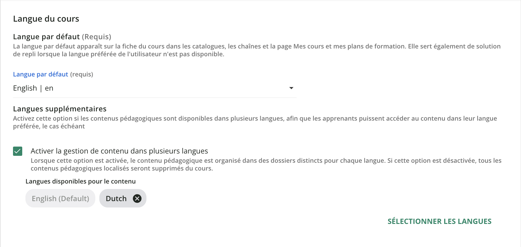 Sélectionner les langues des cours.