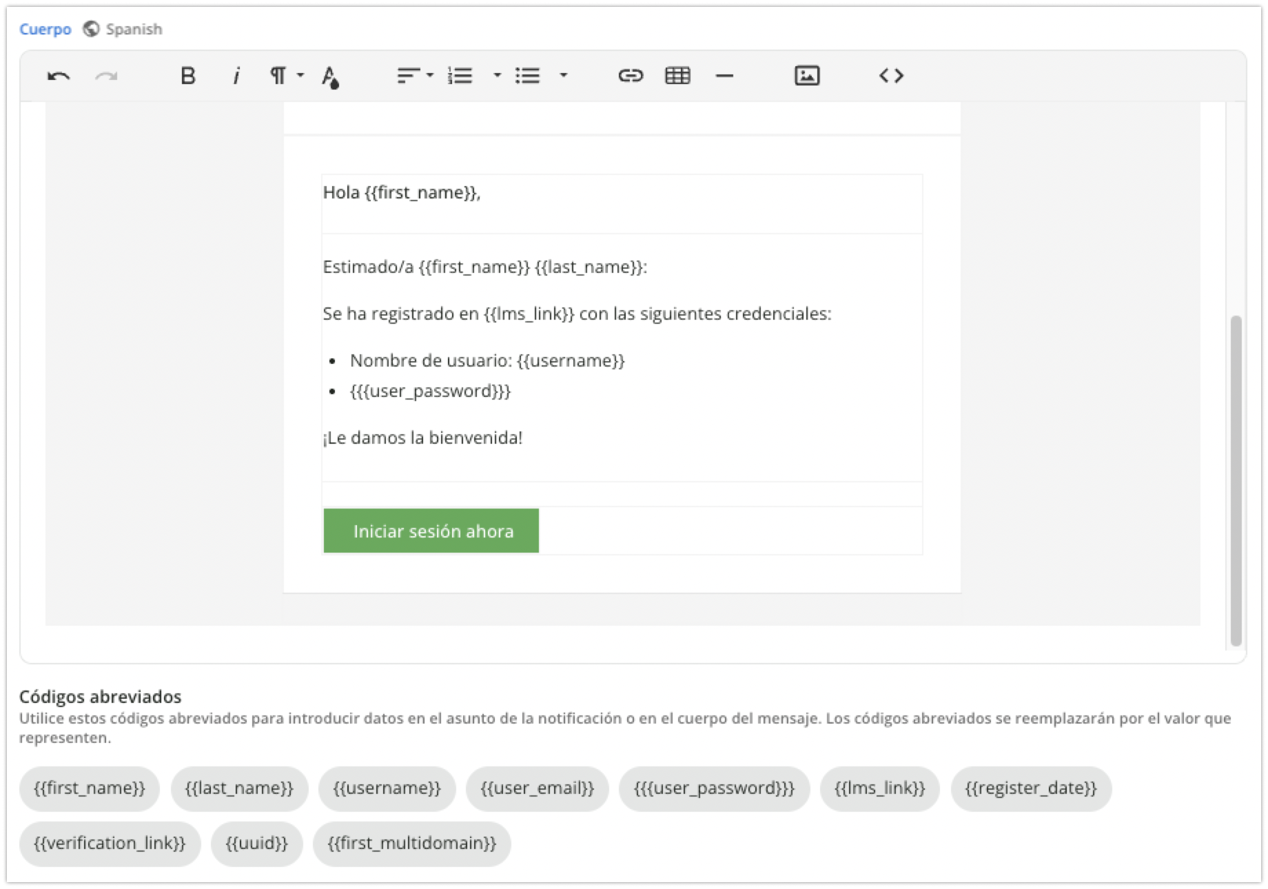 Ejemplo de mensaje con códigos abreviados