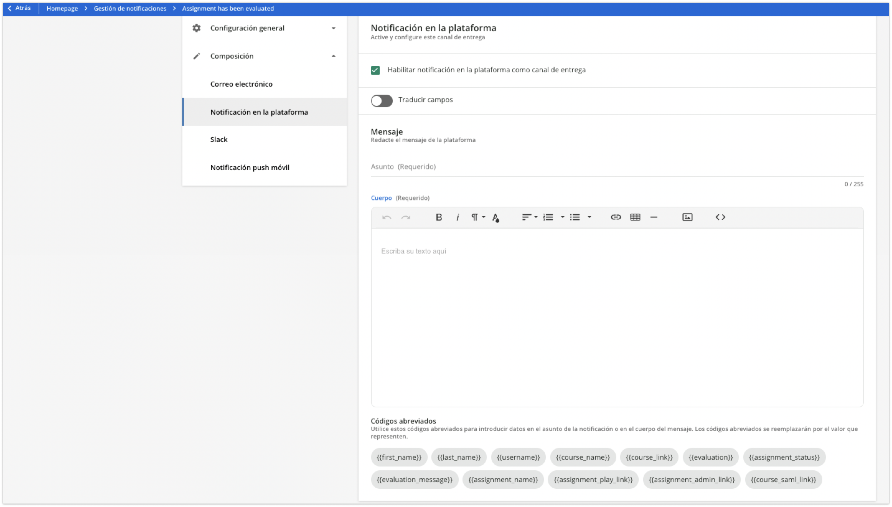 Área de composición de mensajes en las notificaciones