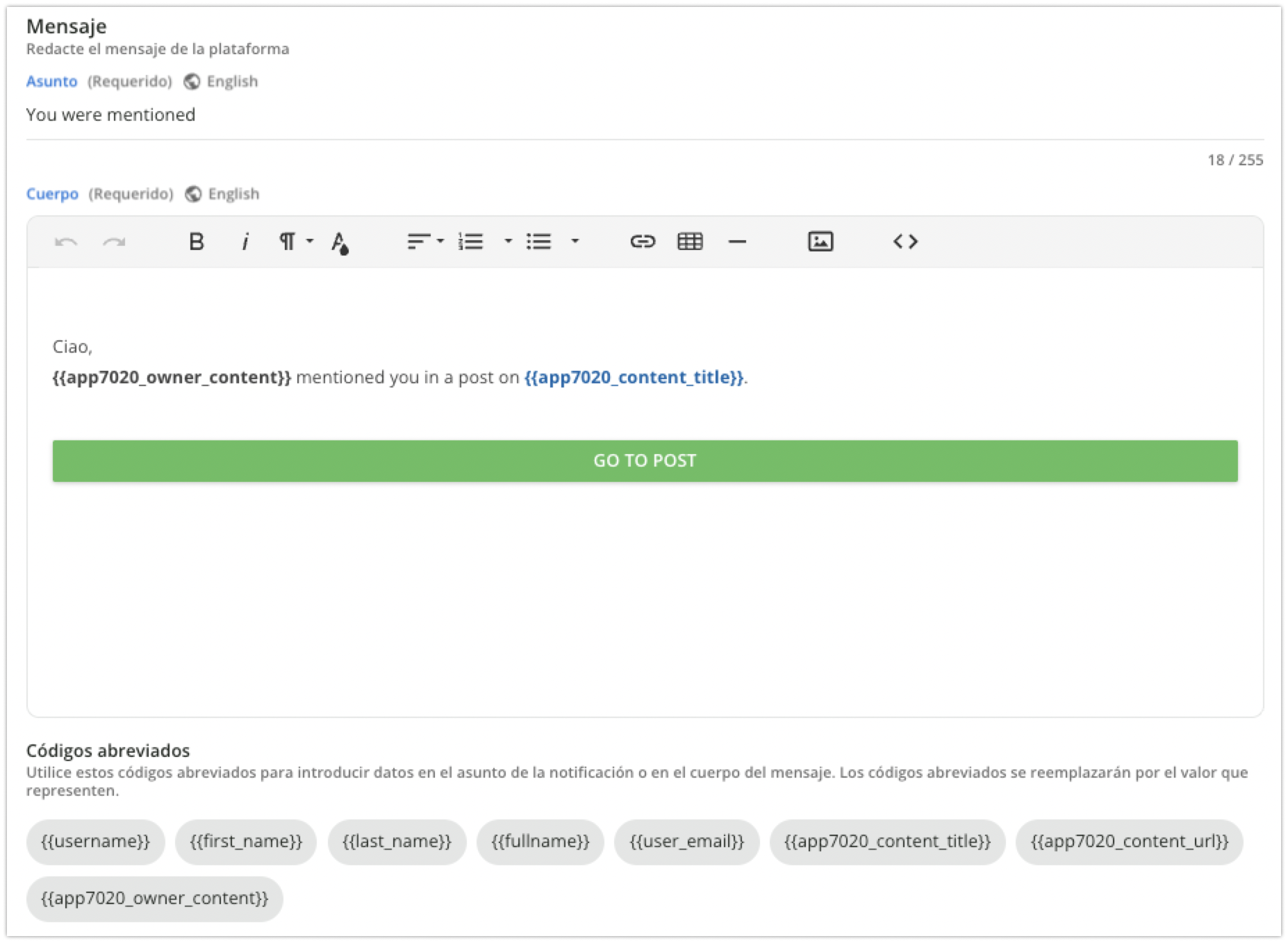 Mensaje de una notificación con plantilla