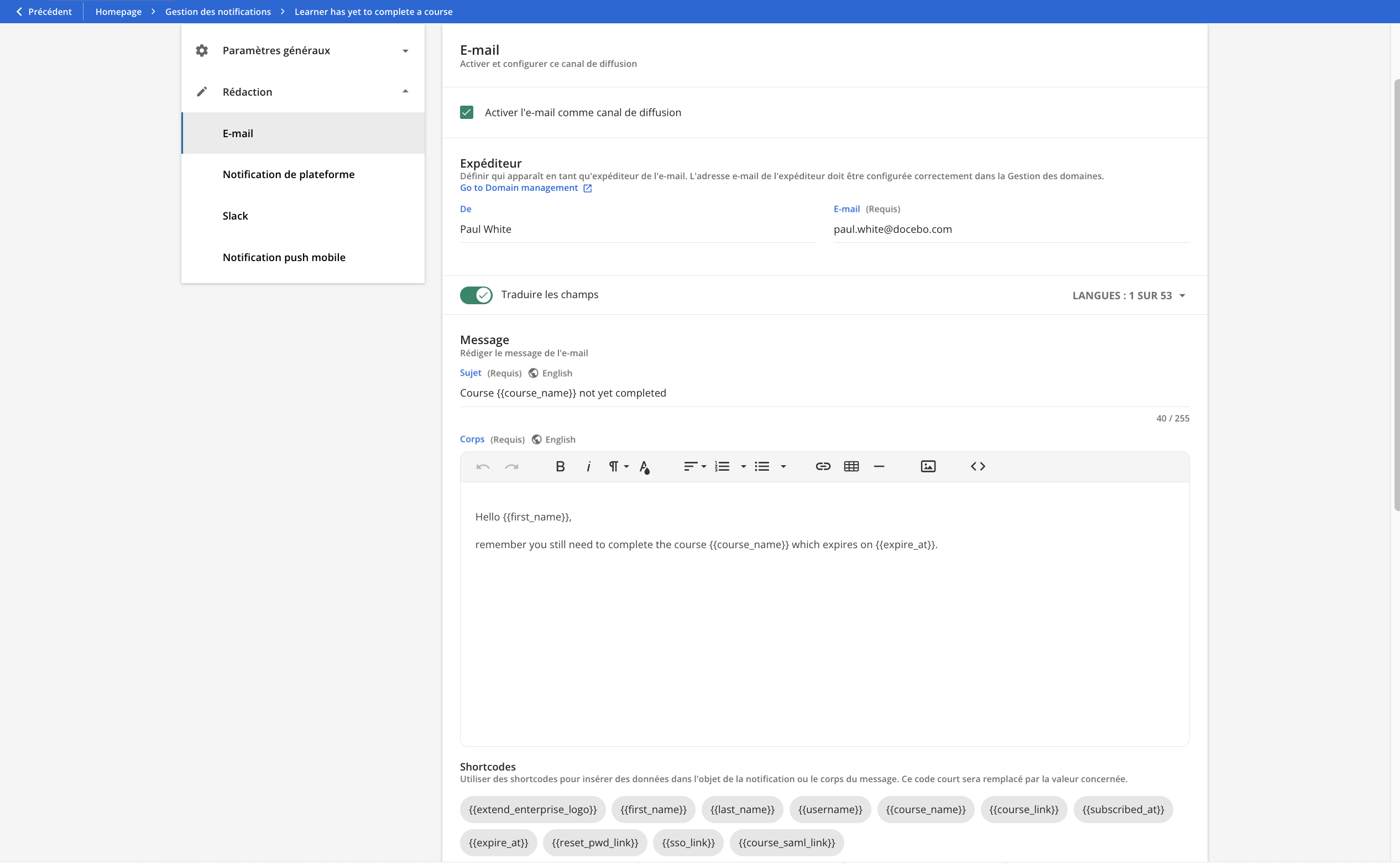 Rédiger le message d’une notification.
