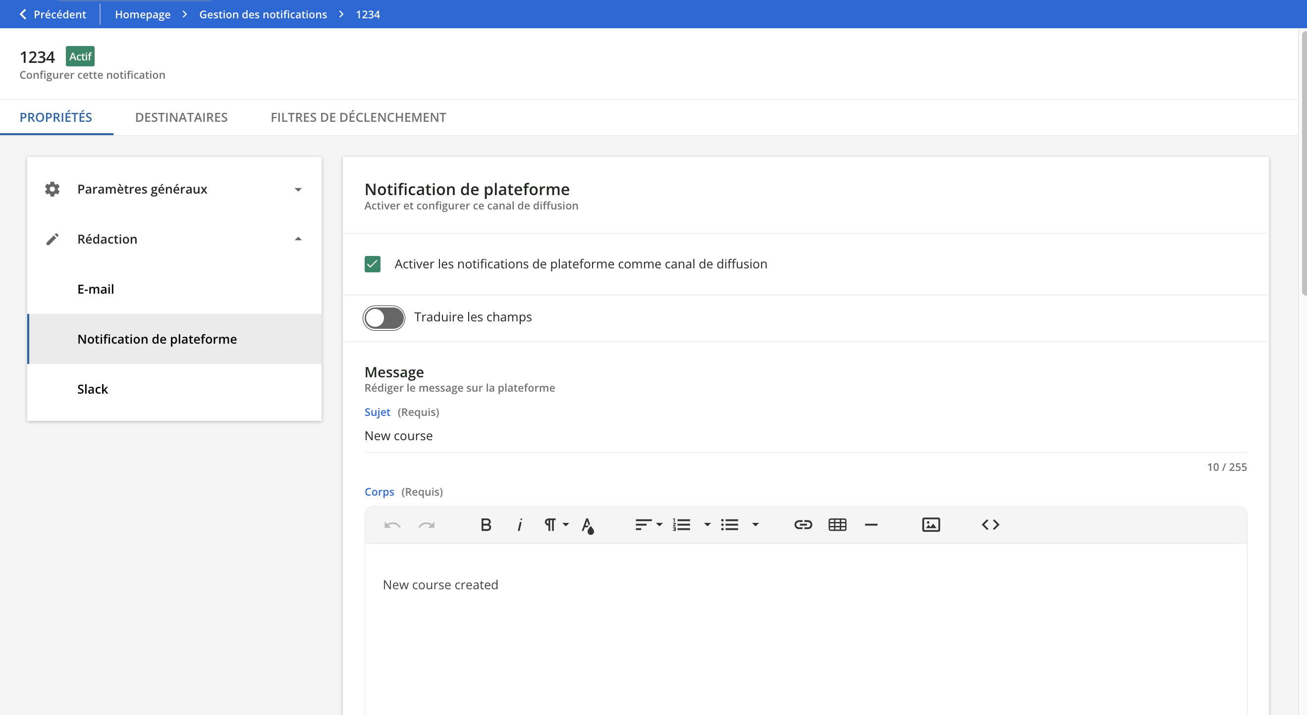 L'espace de rédaction d'une notification.