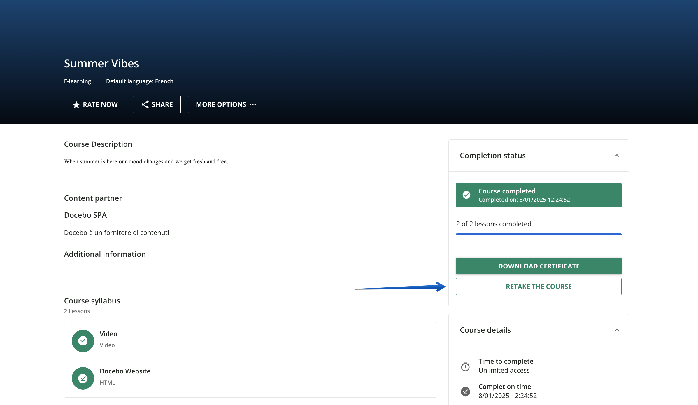 Retake the course button