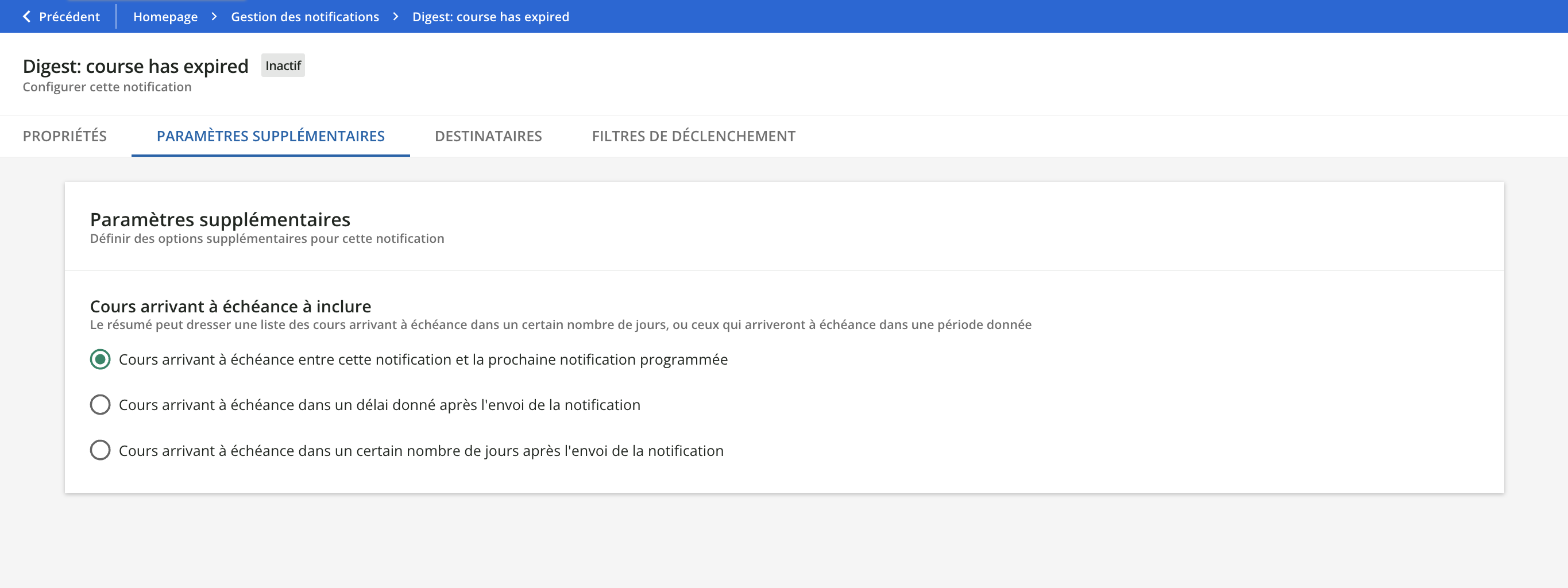 Les options de l'onglet Paramètres supplémentaires.