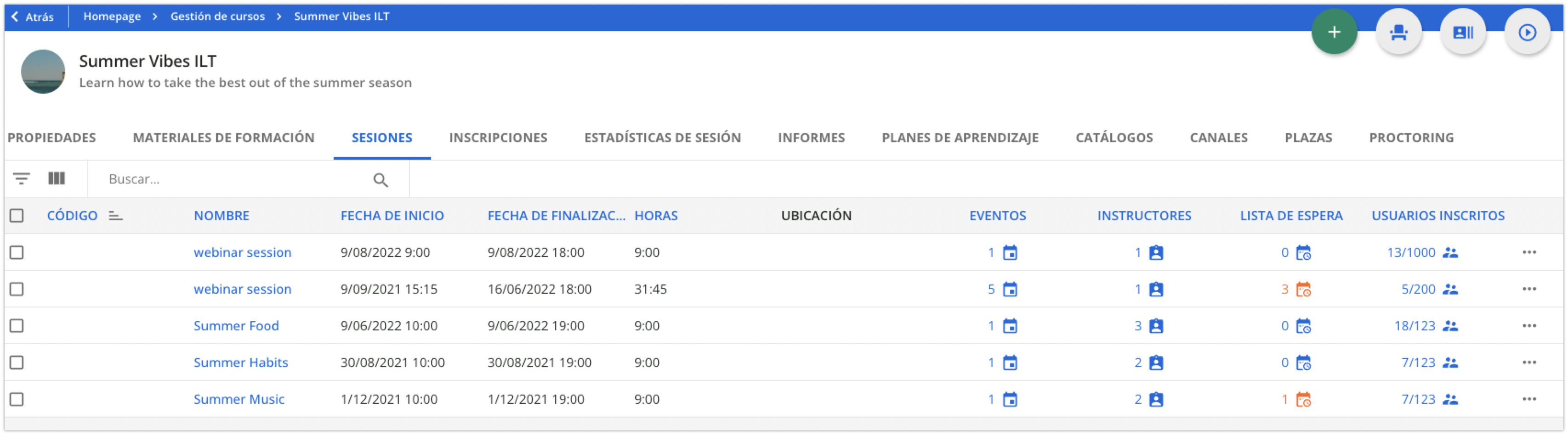 Página principal de sesiones