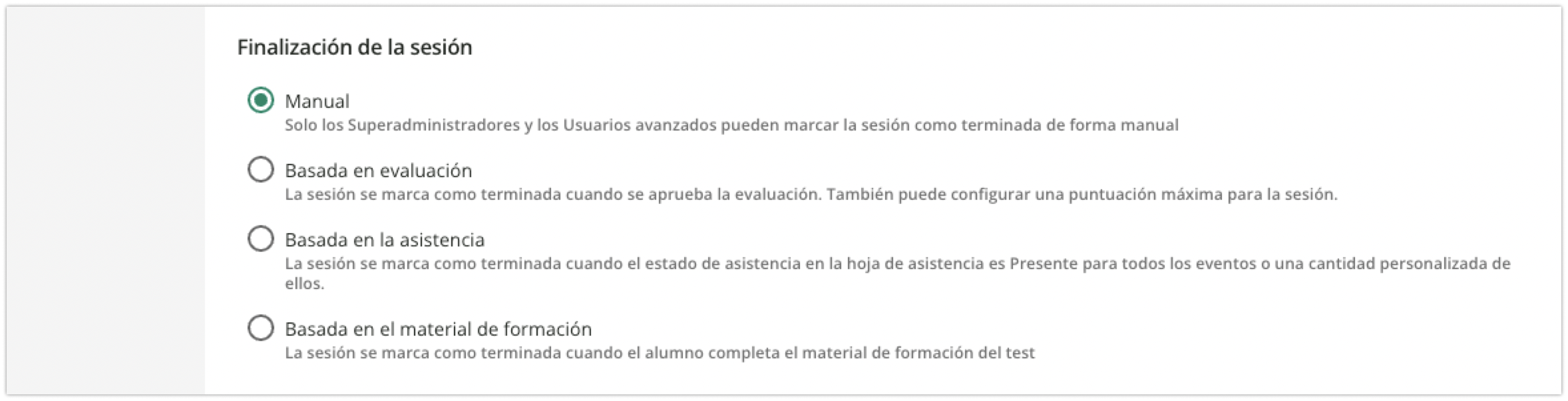 Opciones de finalización de la sesión
