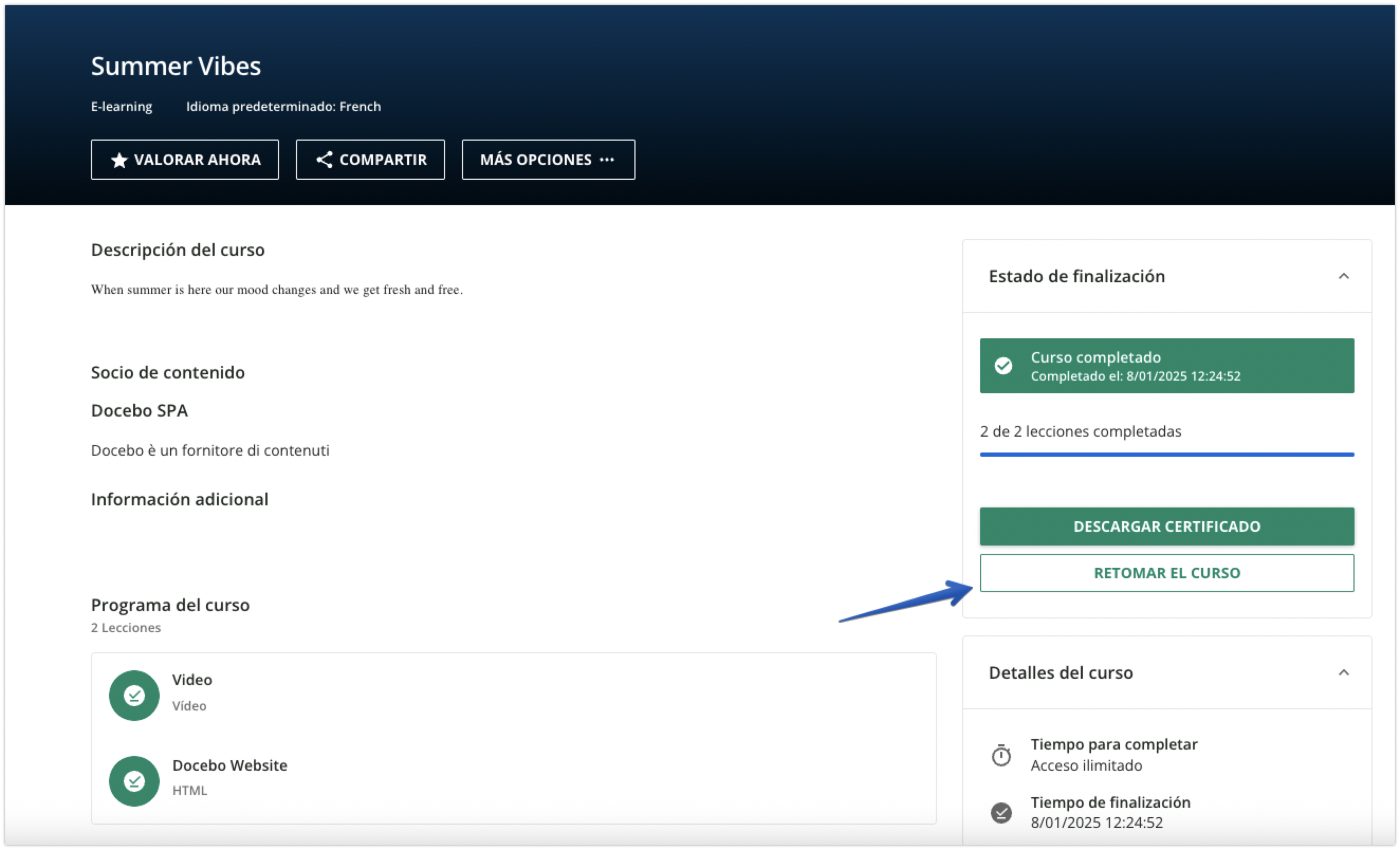 Opción de retomar el curso