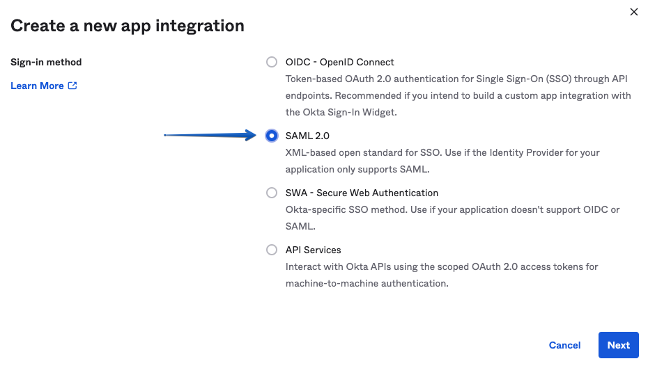 Choosing the SAML radio button