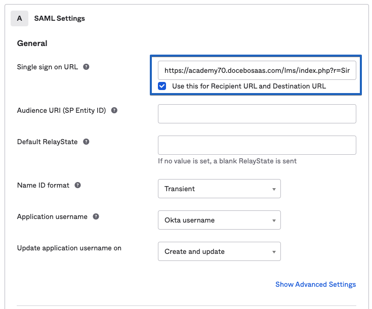 Entering the settingsin SAML