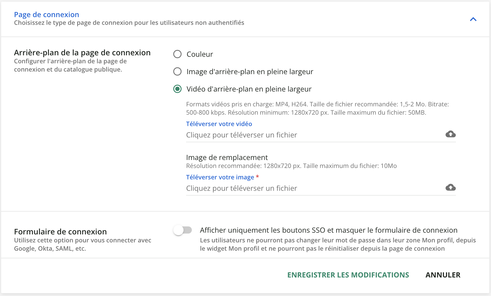 Le menu Page de connexion.