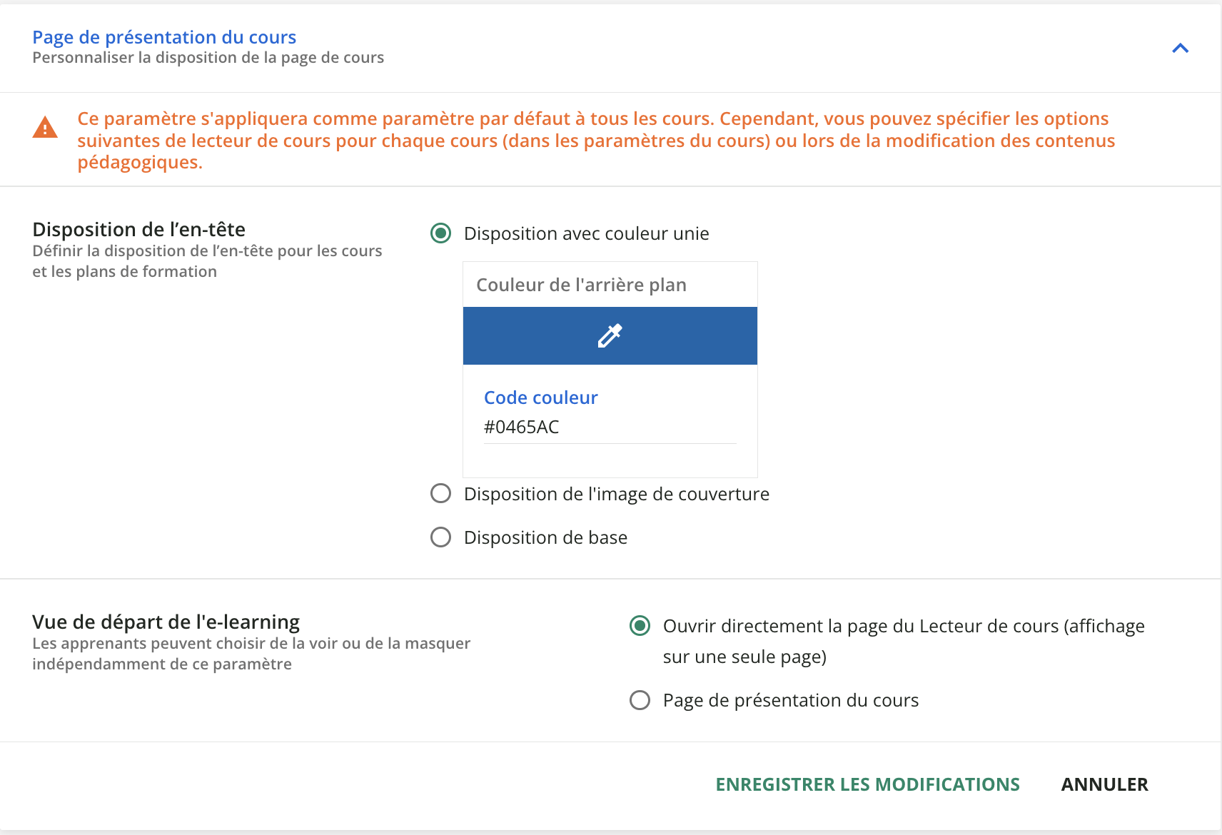 La page de présentation du cours.