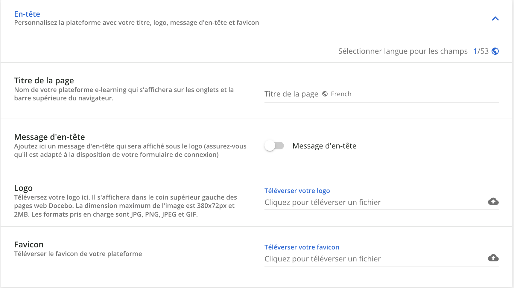 La section En-tête dans le menu Configurer l’identité de marque et visuelle.