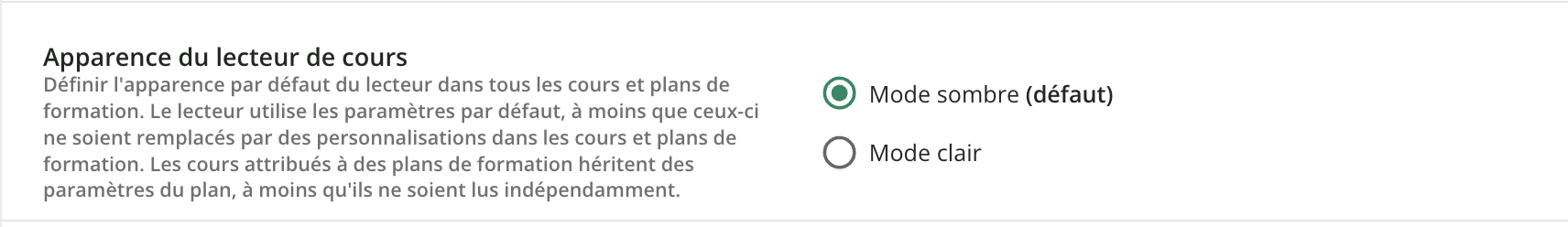 La gestion de l’apparence du lecteur de cours.