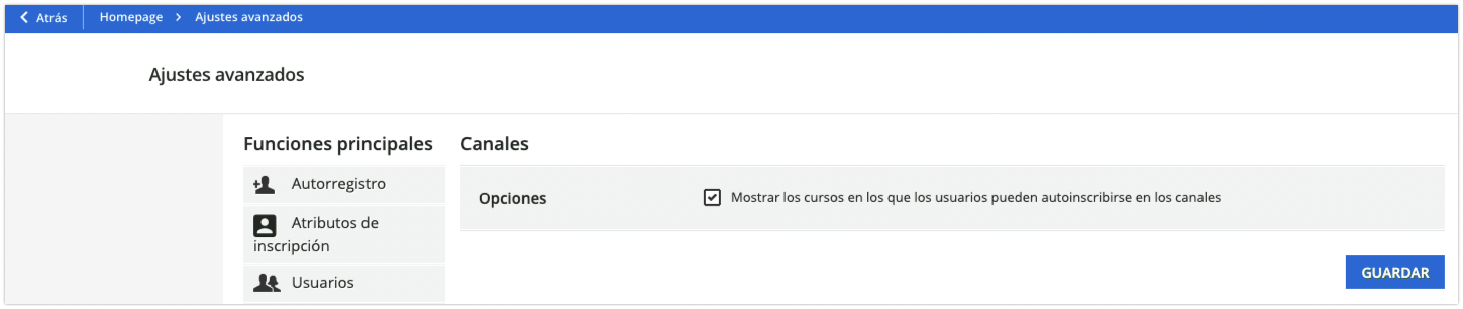 Configuración de canales en los Ajustes avanzados