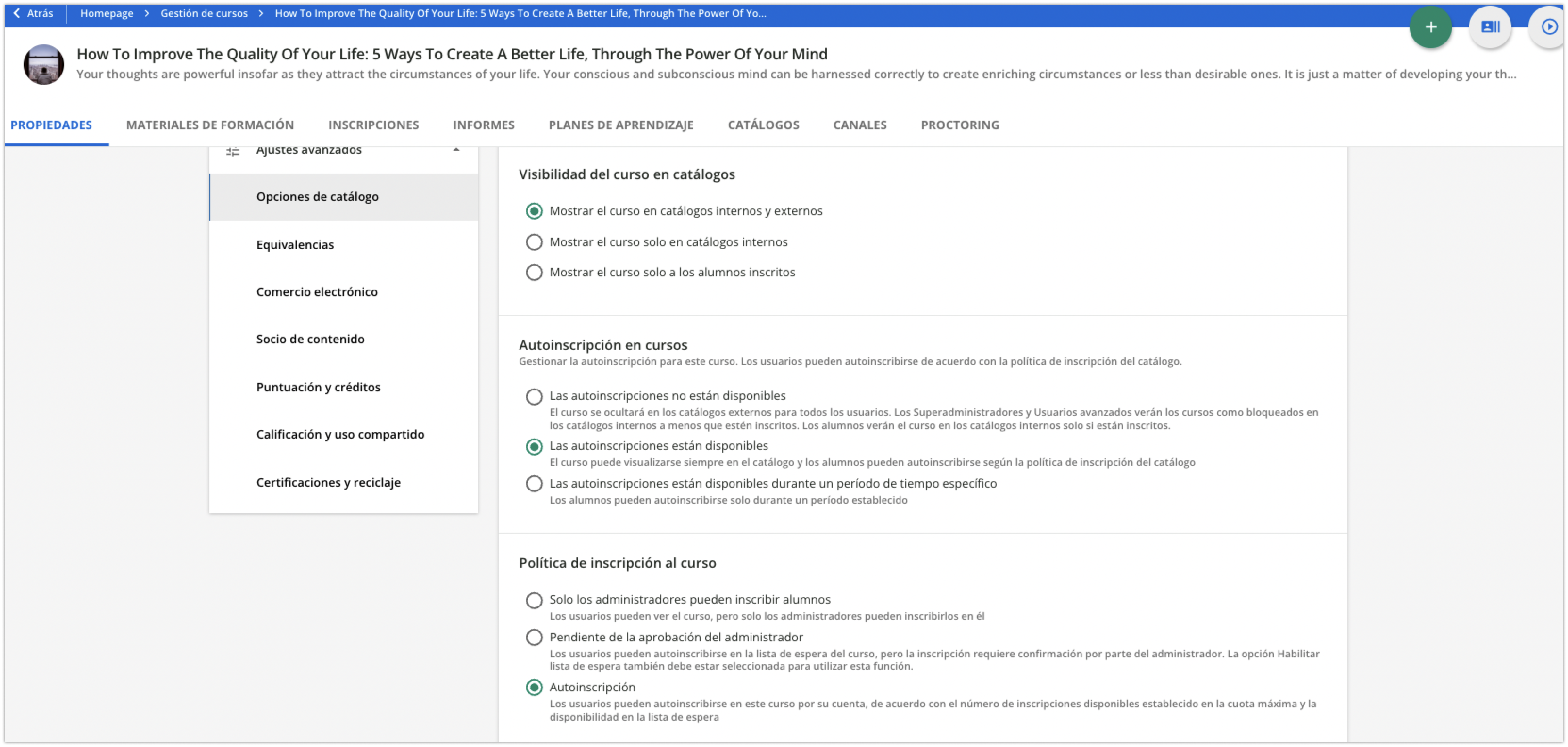 Opciones de catálogo de un curso