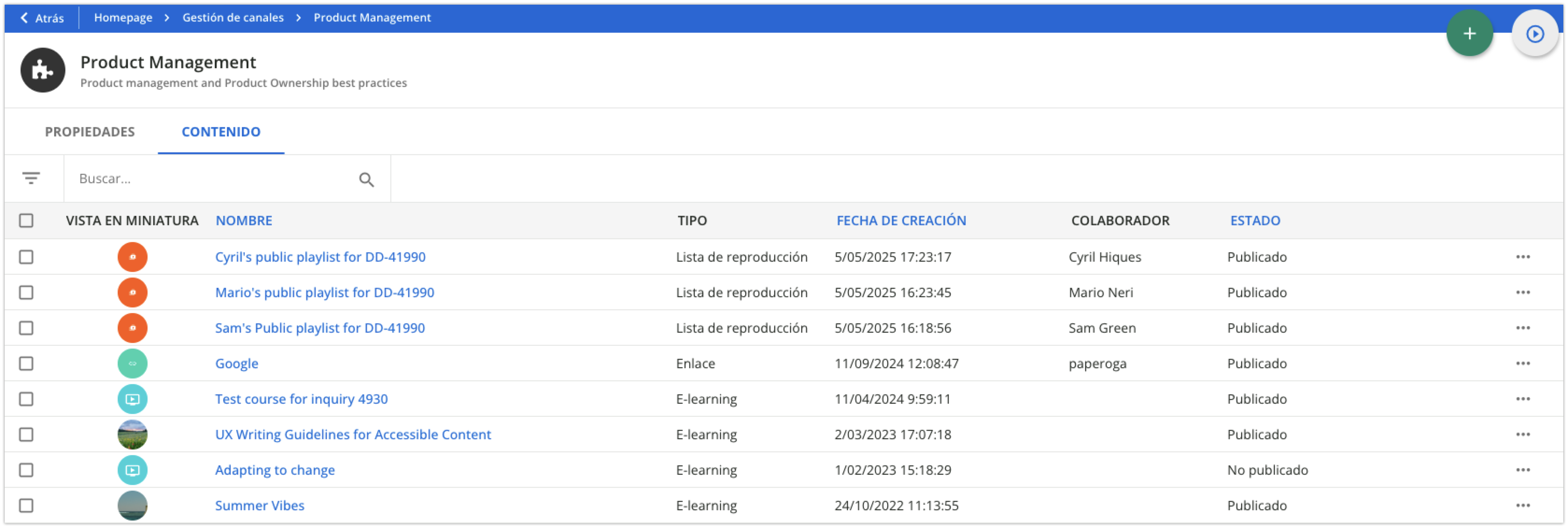Vista del contenido de un canal