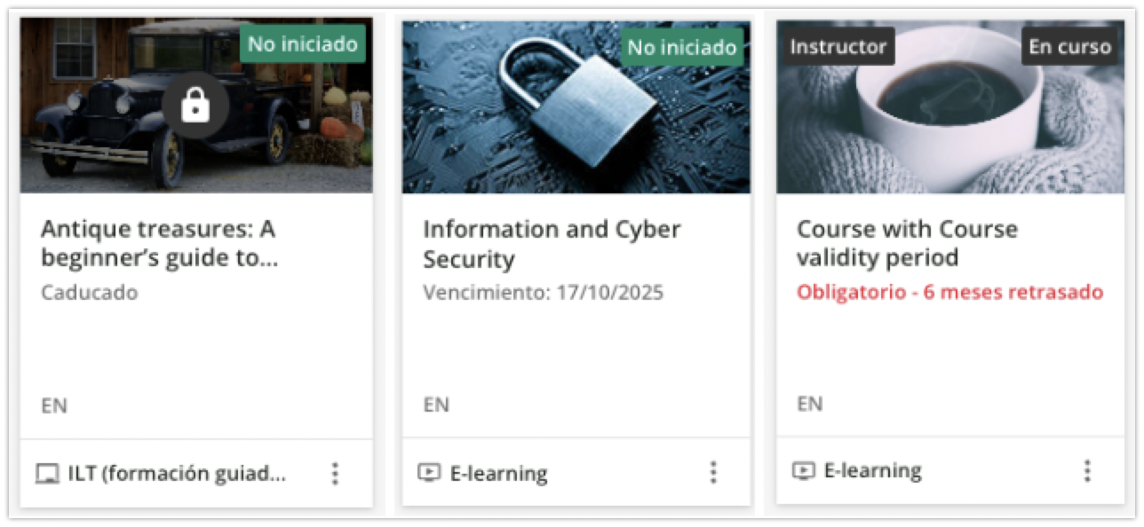 Cursos con diferentes estados de inscripción