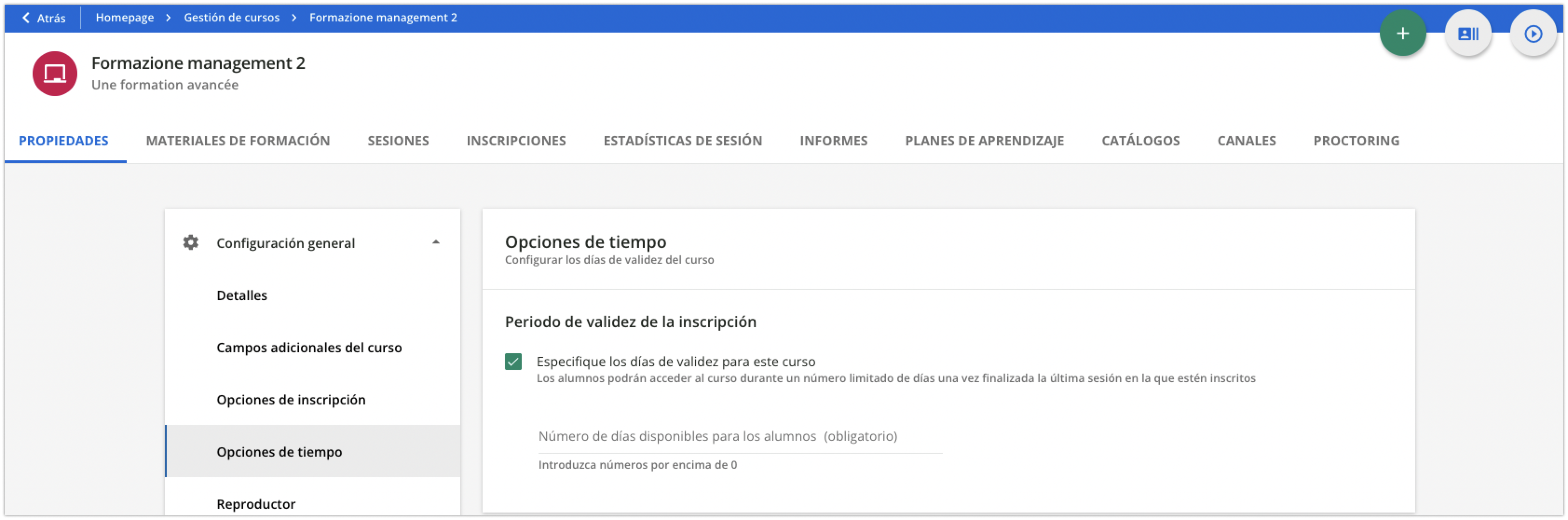 Opciones de tiempo de un curso ILT