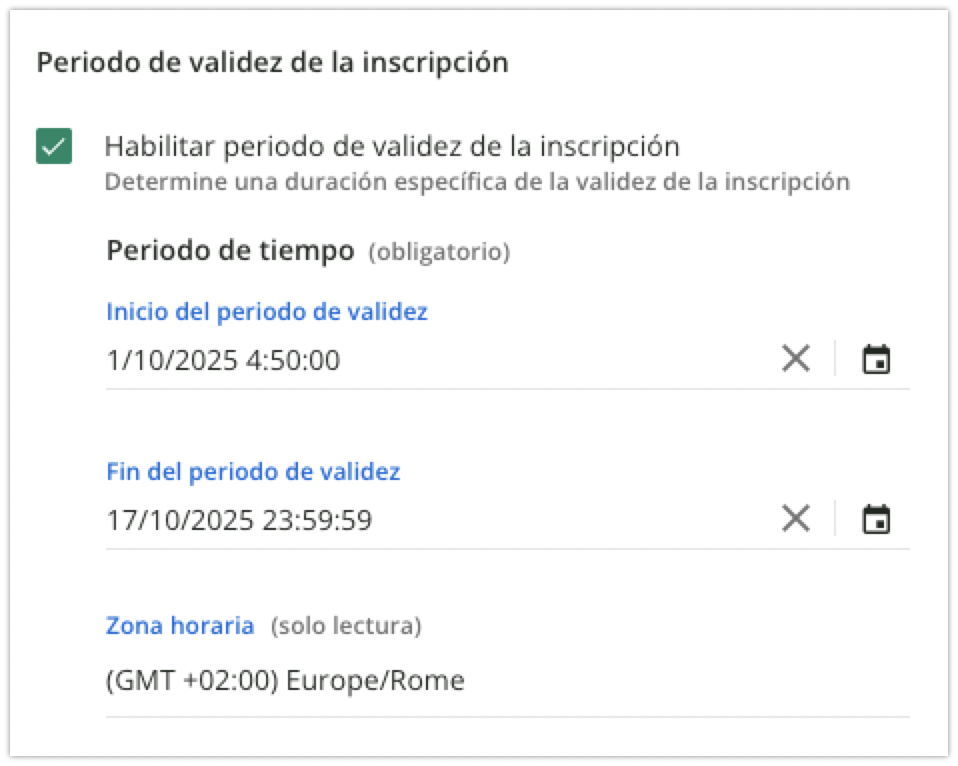 Periodo de validez de la inscripción establecido