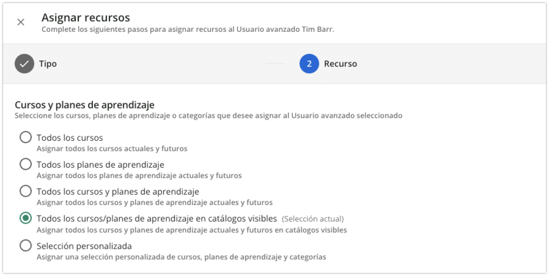 Asignación de cursos y planes de aprendizaje como recursos