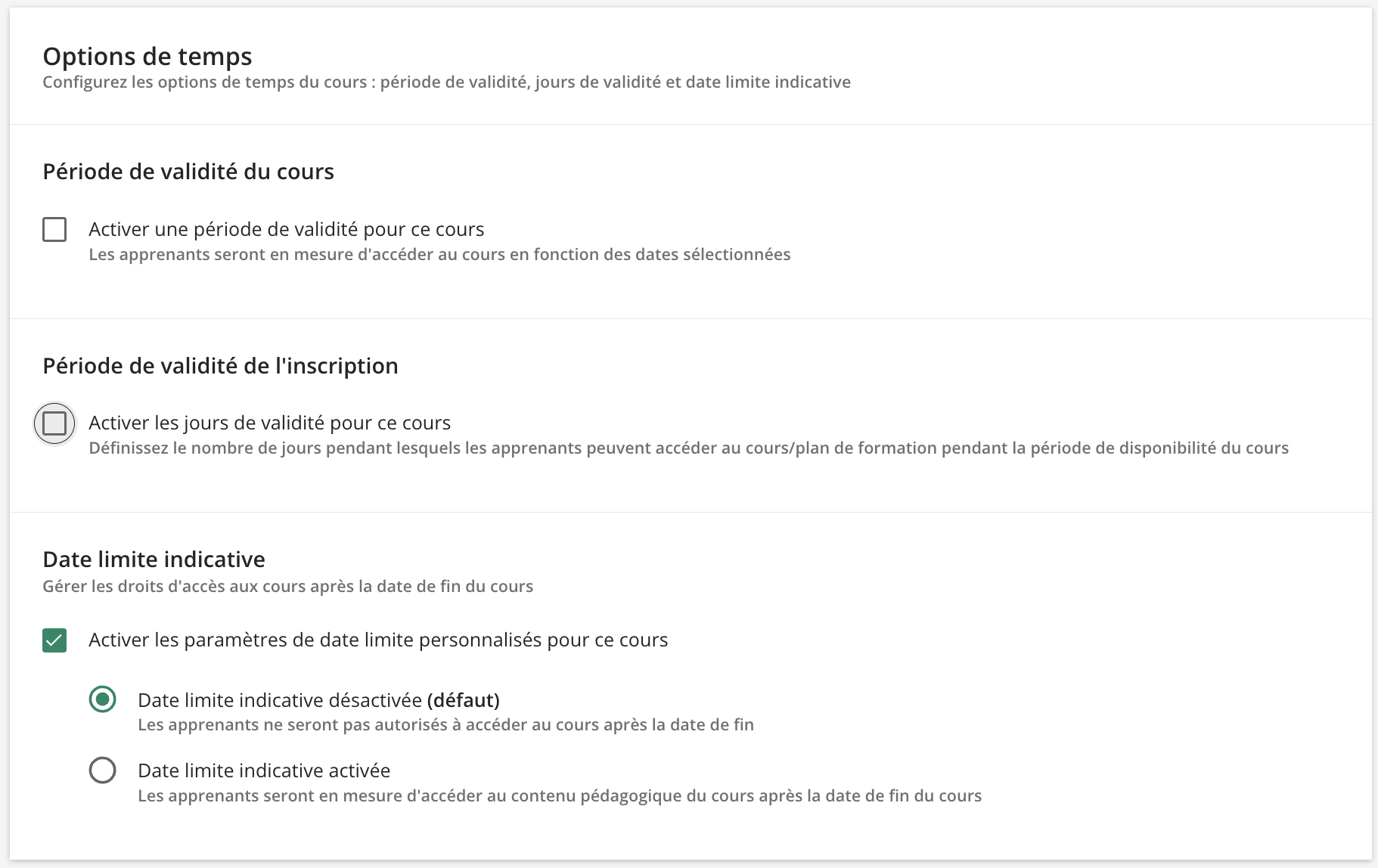 Les Options temporelles d’un cours.