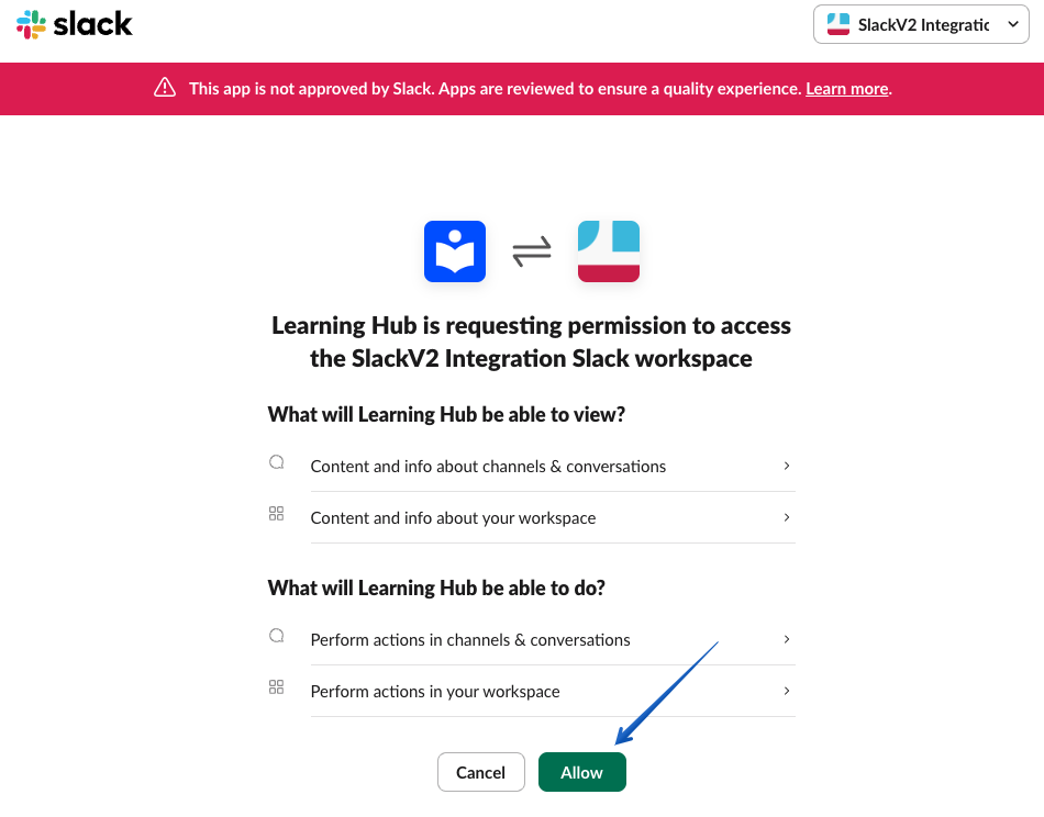 Giving the Slack V2 integration the requested permissions in Slack