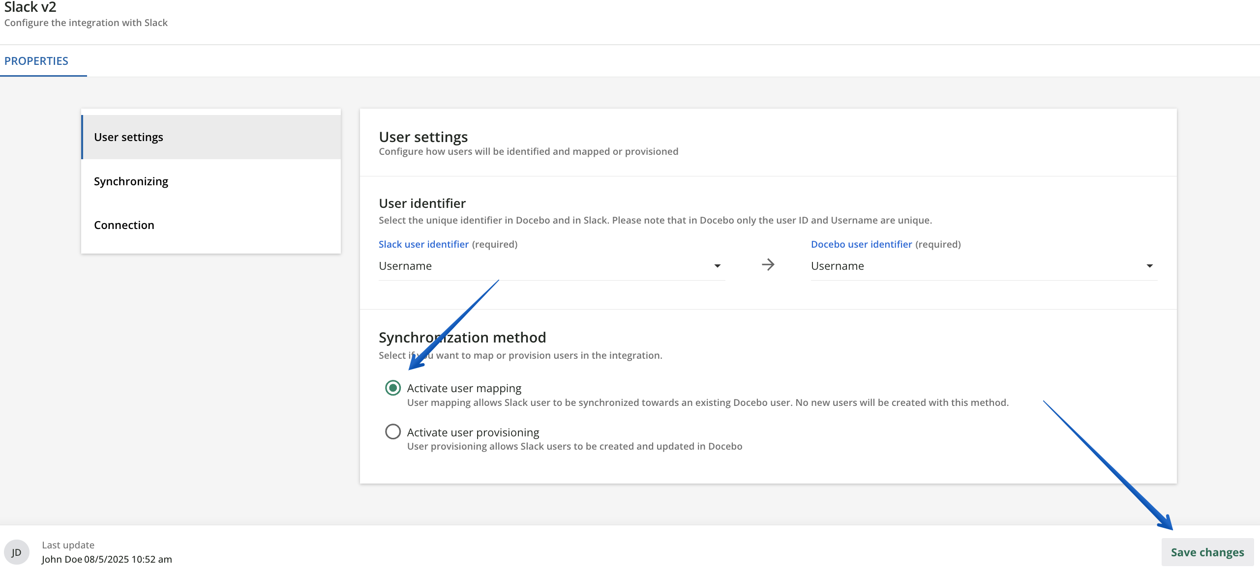 Configuring user mapping and saving changes