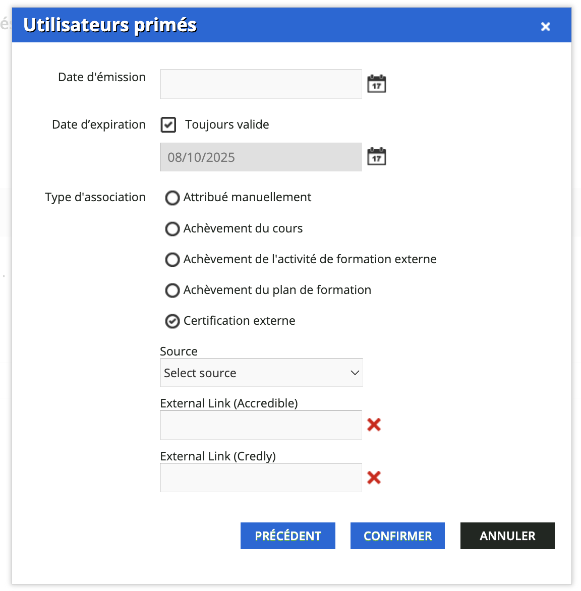 Définir les dates et le type d’association d'une certification.