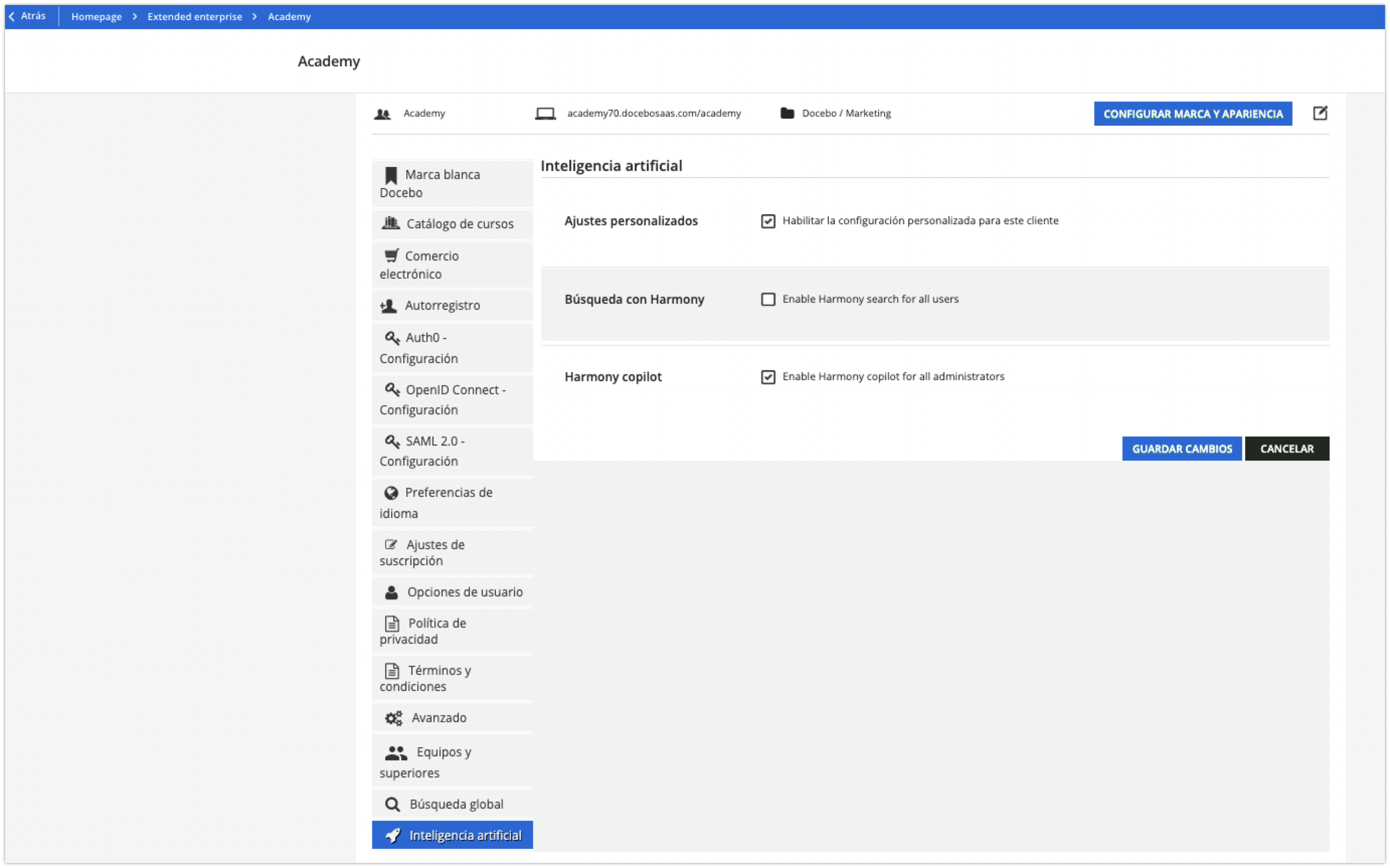 Ajustes de Extended enterprise