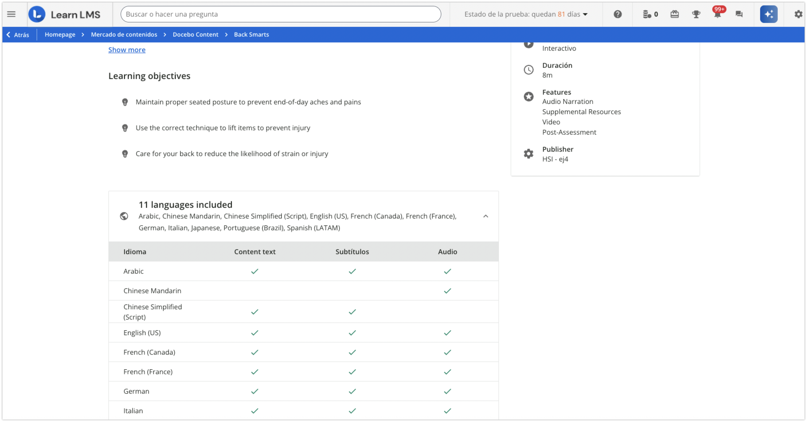 Página de detalles de un contenido