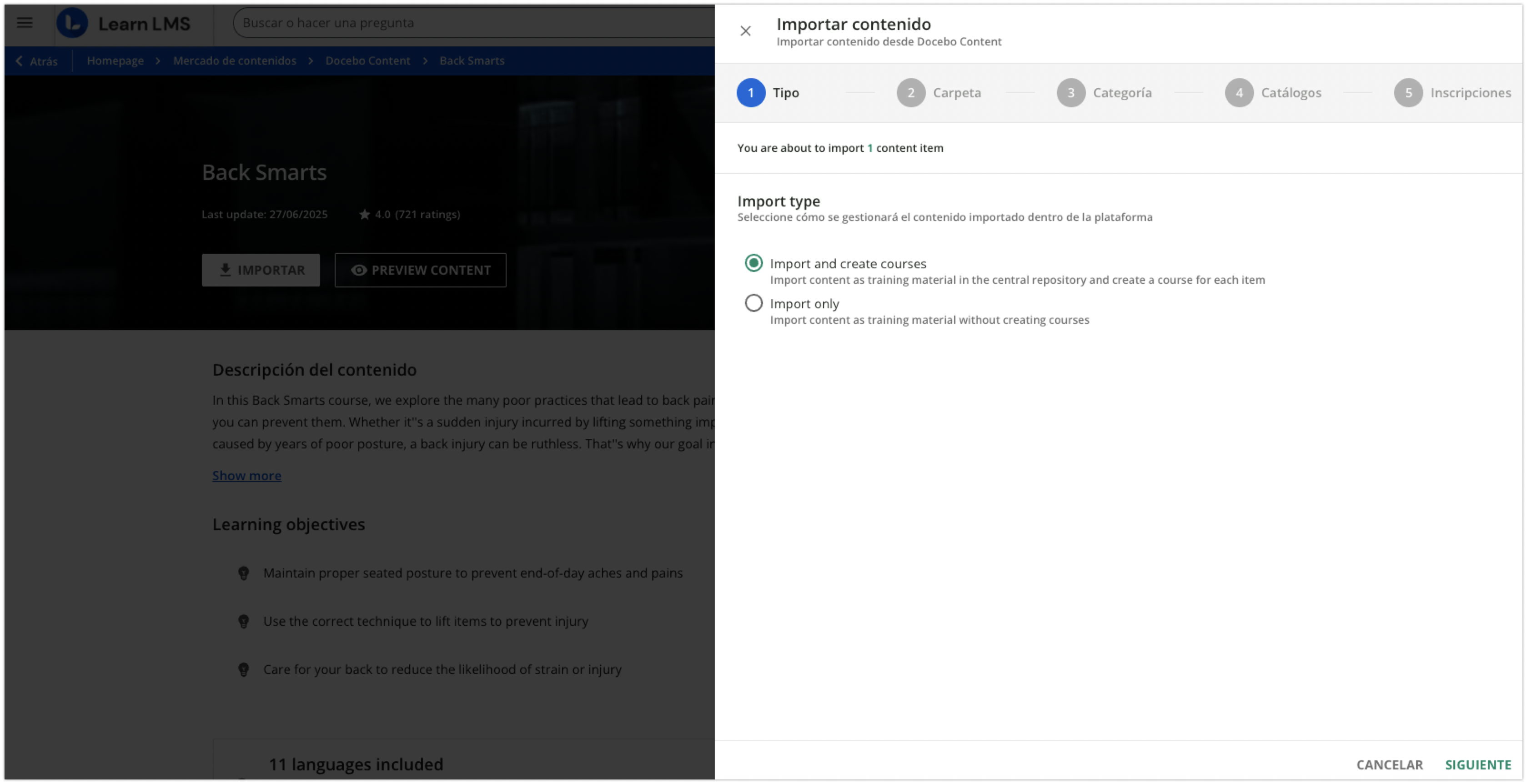 Ventana para importar contenido