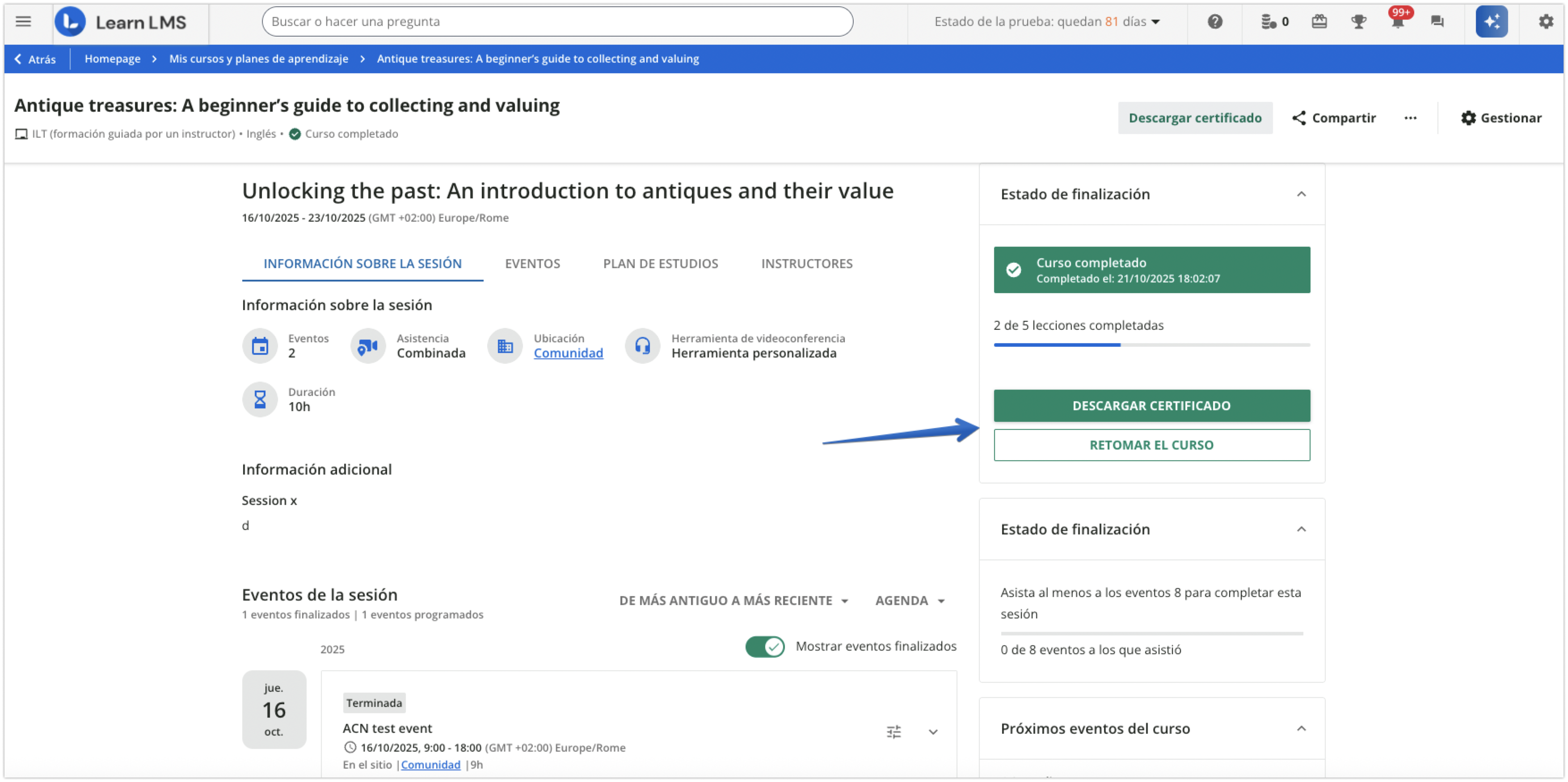 Opción de volver a realizar un curso ILT