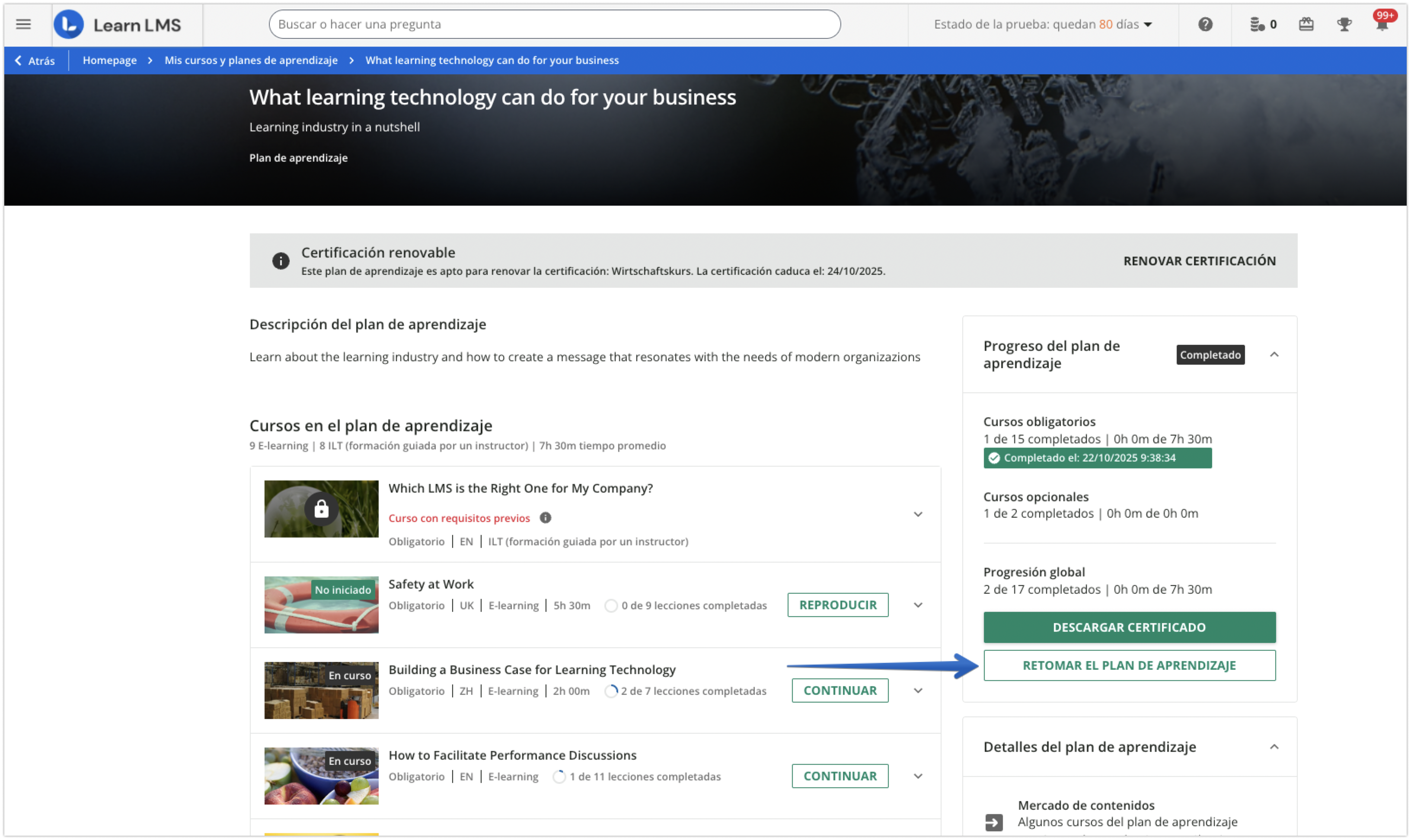 Opción de retomar un plan de aprendizaje