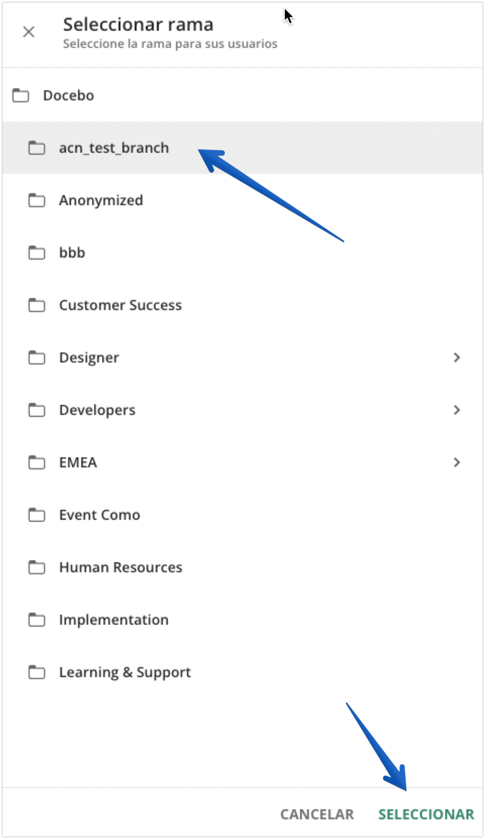Panel de selección de ramas