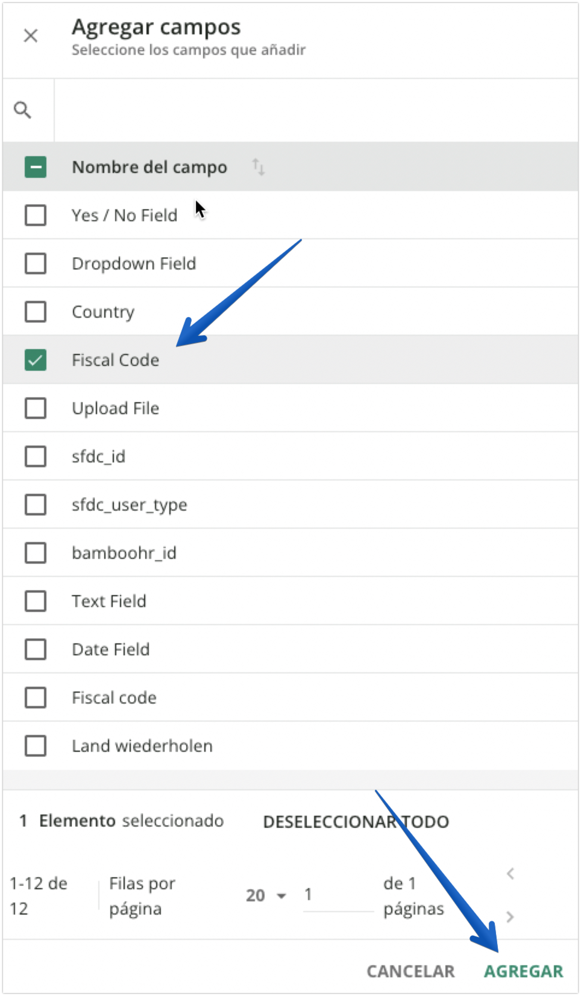 Panel Agregar campos
