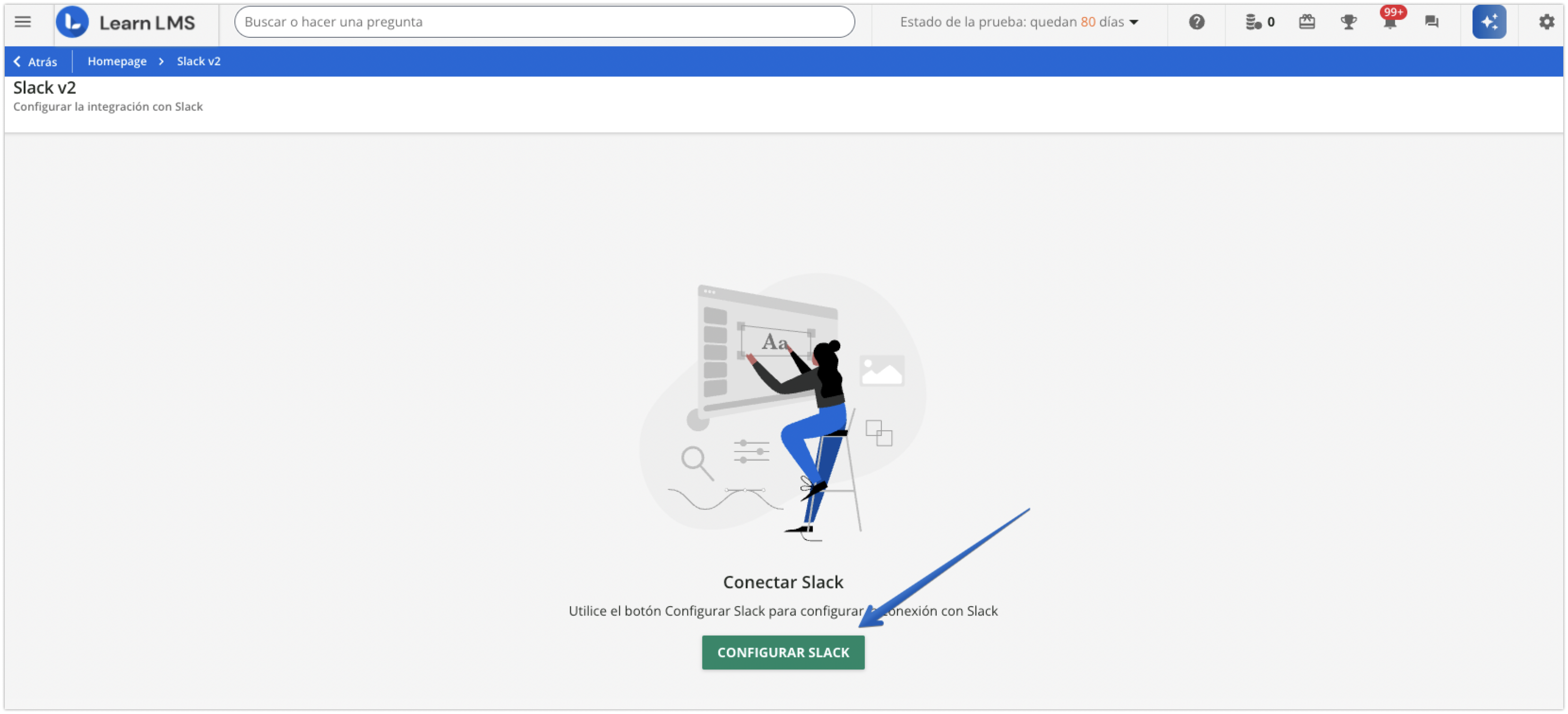 Página de inicio para la configuración de Slack