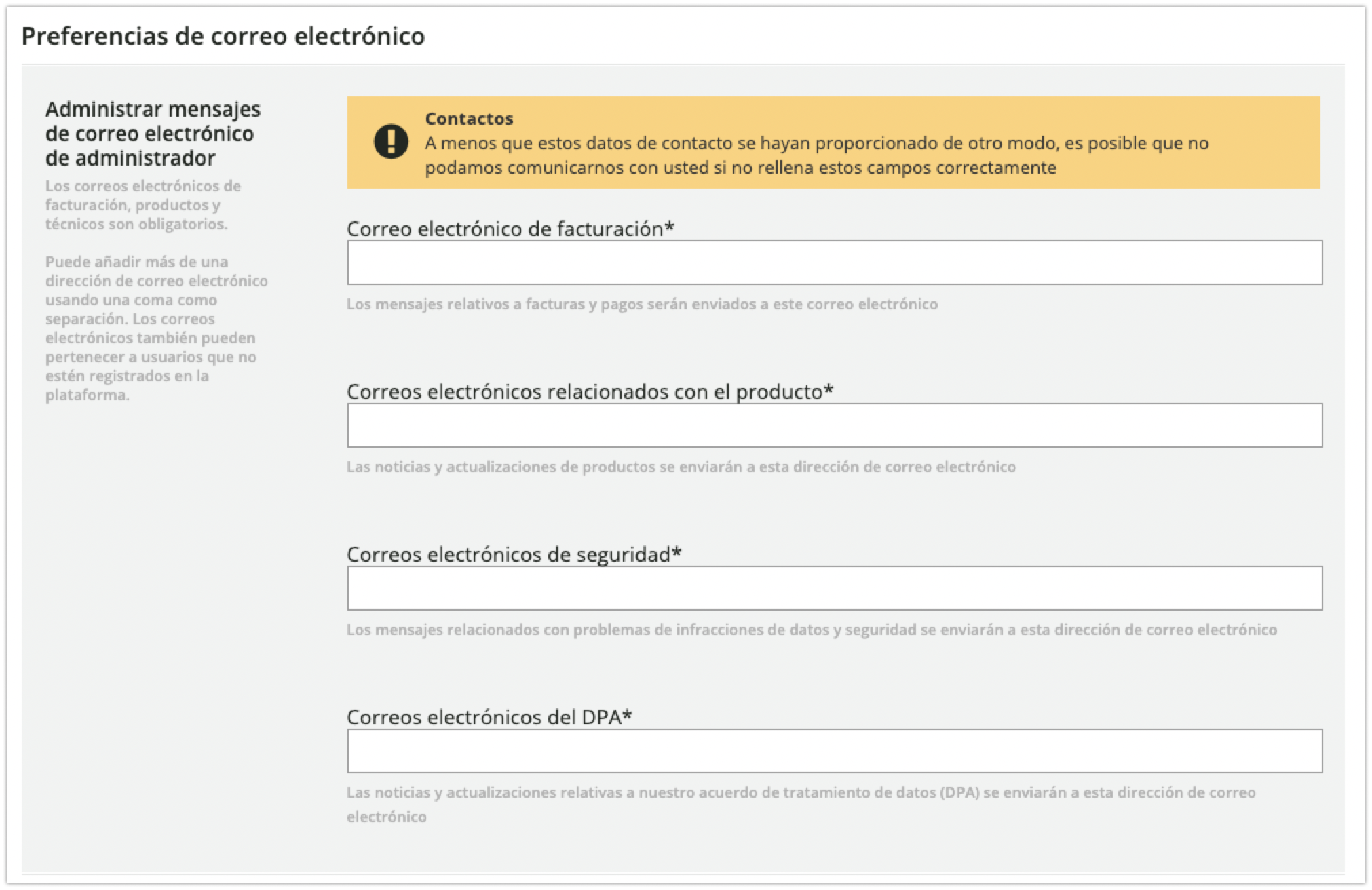 Área Preferencias de correo electrónico