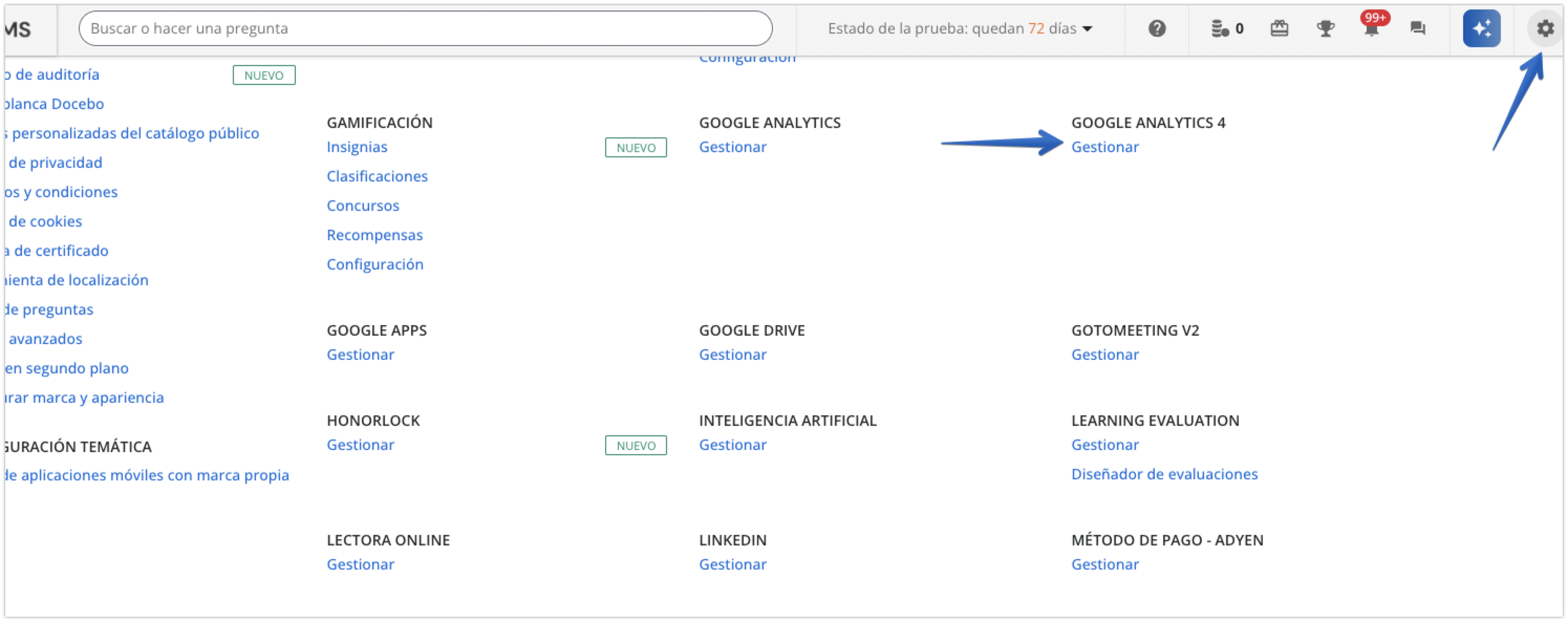 Opción Gestionar para Google Analytics 4 en Docebo