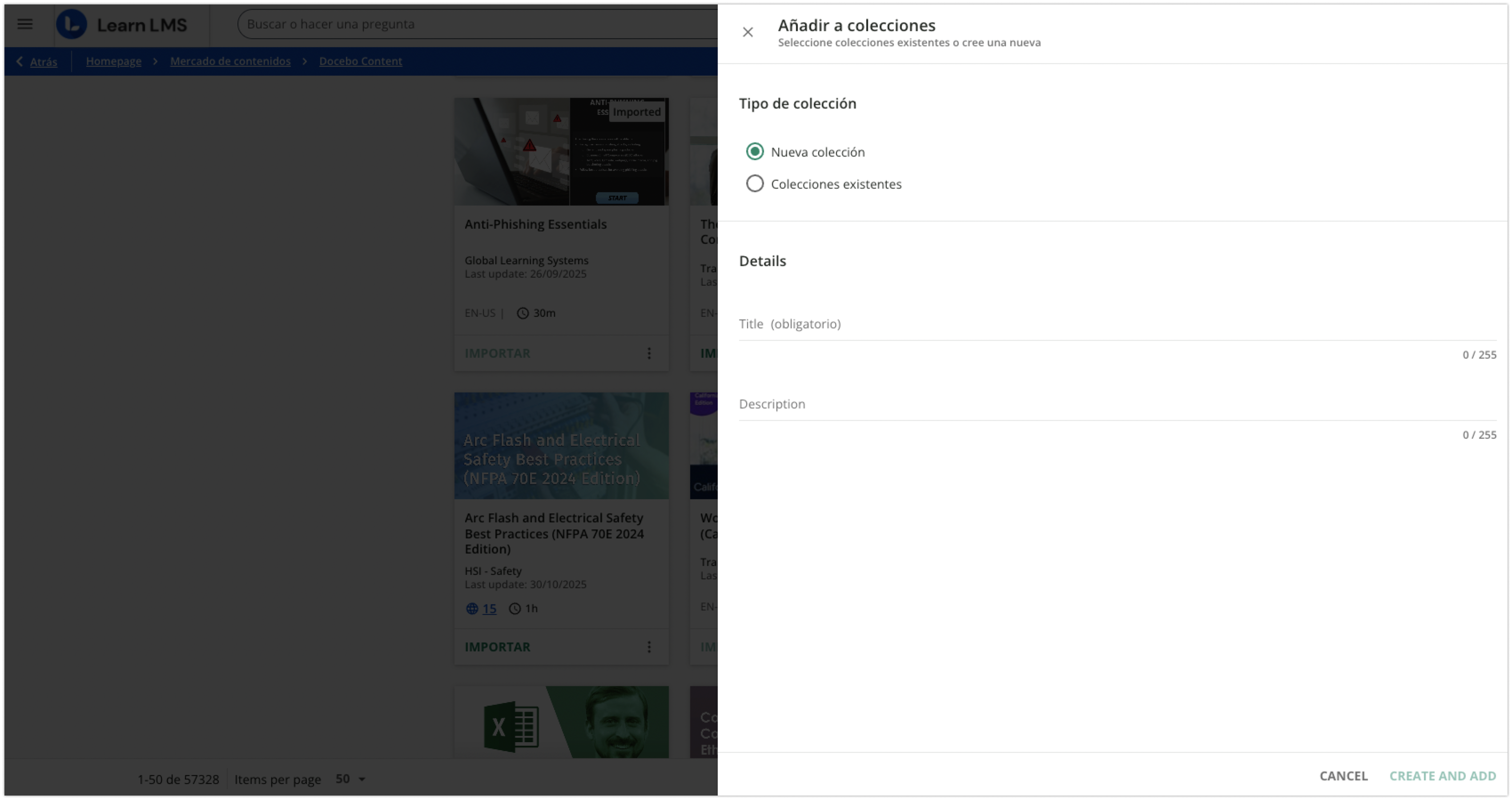 Panel Añadir a colecciones