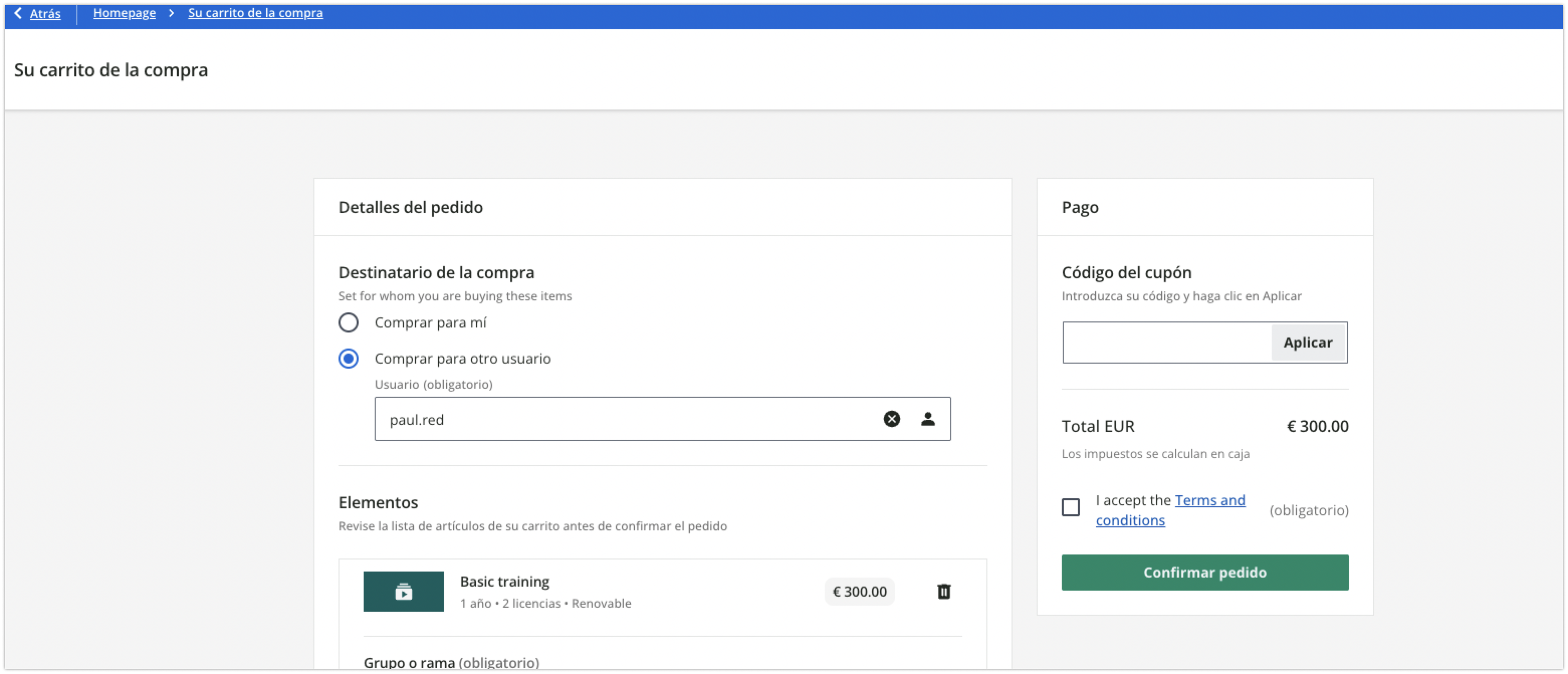 Opción de comprar para otro usuario