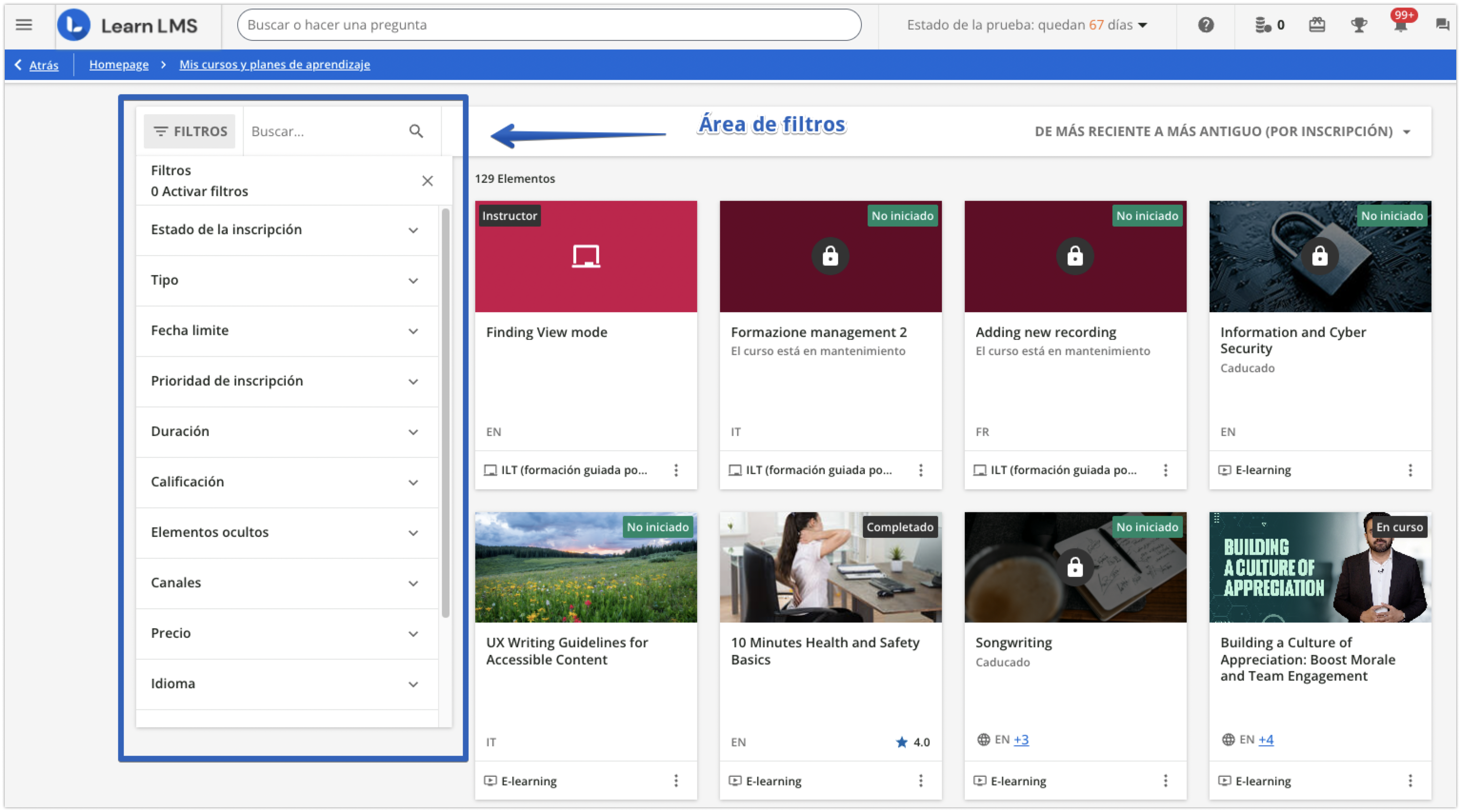 Filtros de cursos y planes de aprendizaje