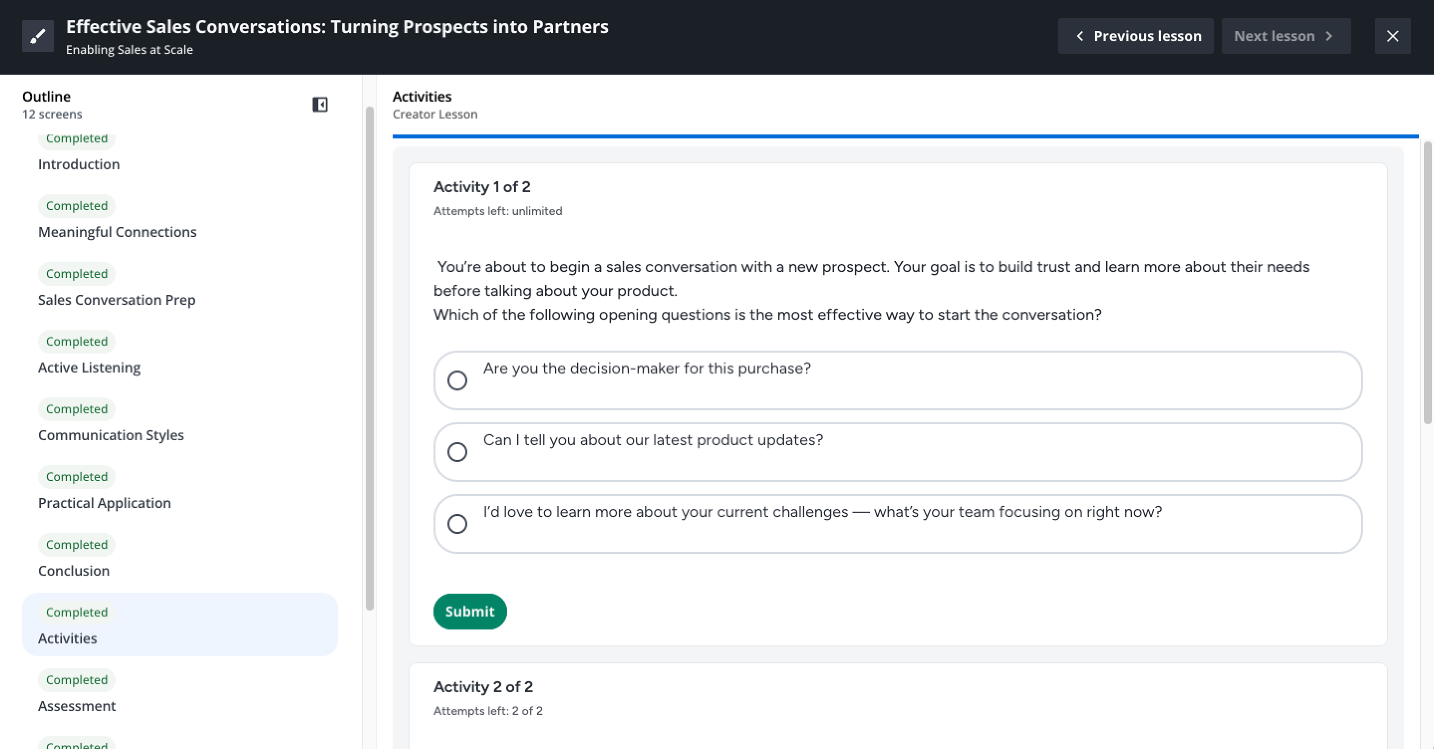 Vista de una actividad en una lección de Creator