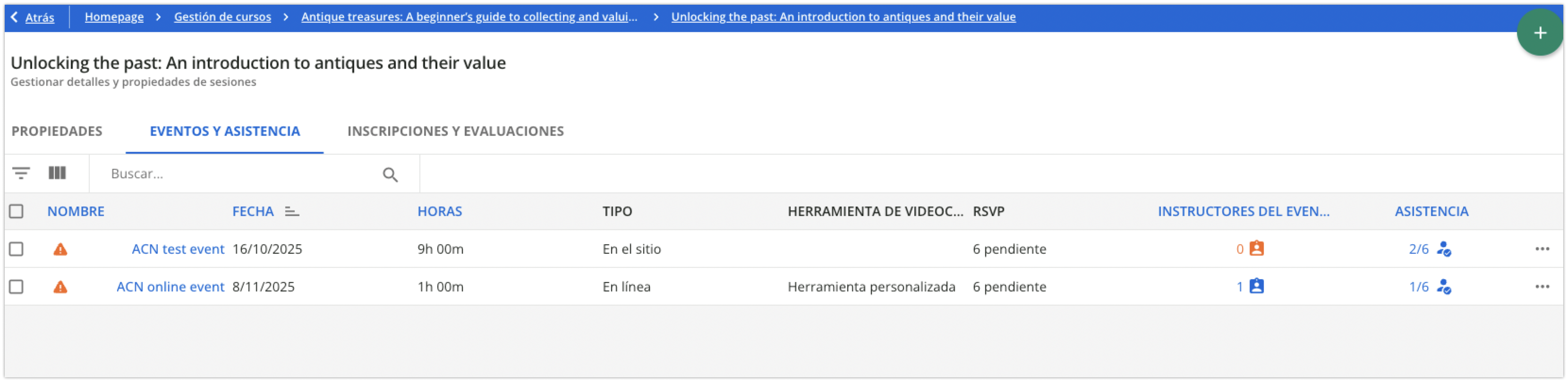 Pestaña Eventos y asistencia de una sesión