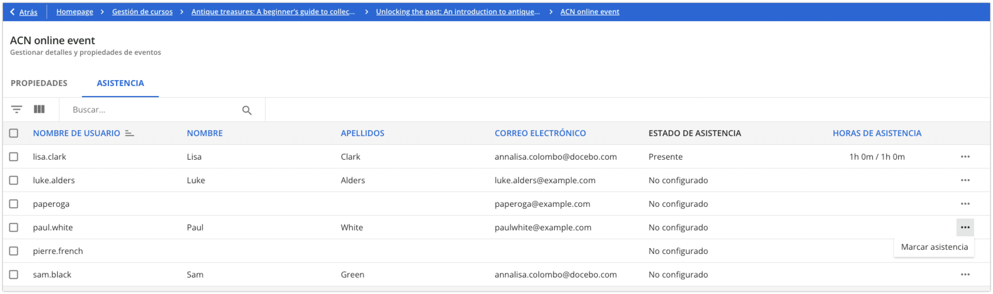 Opción de marcar la asistencia a un evento ILT