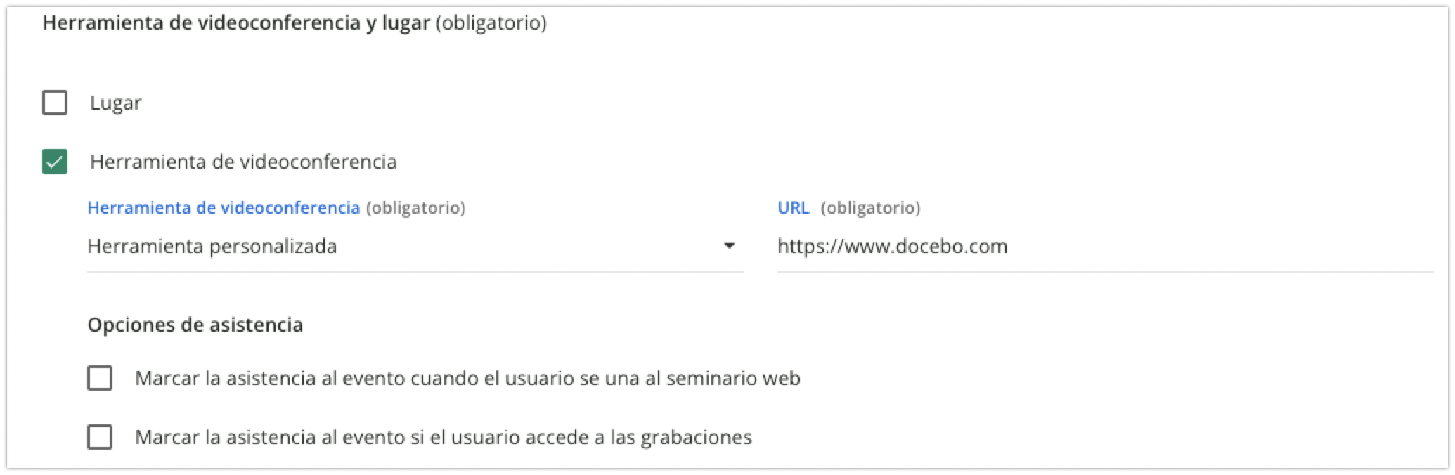 Configuración de herramienta de videoconferencia y lugar del evento