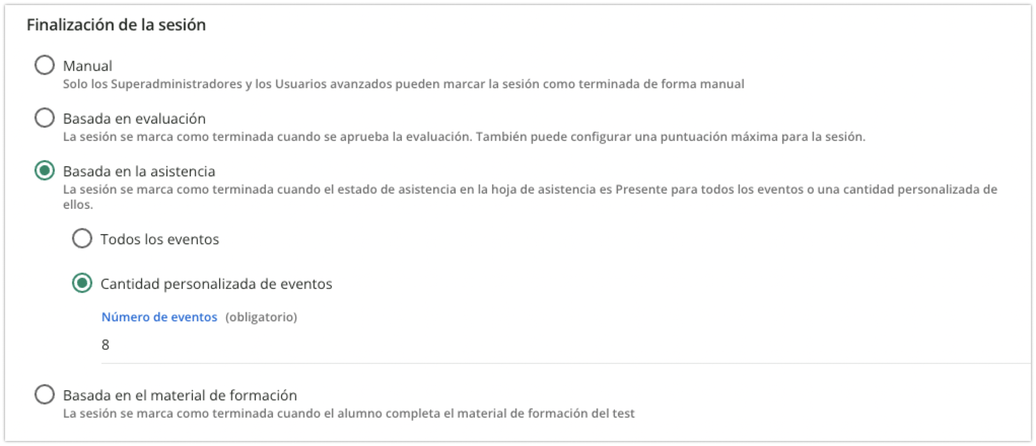 Opciones de finalización de la sesión