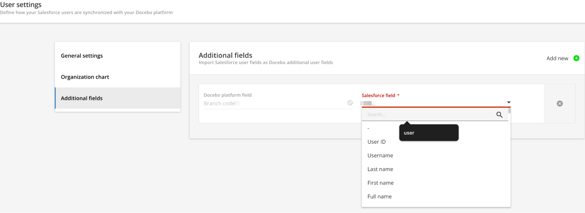 Mapping the Docebo branch code to a Salesfroce field via the Additional fields section