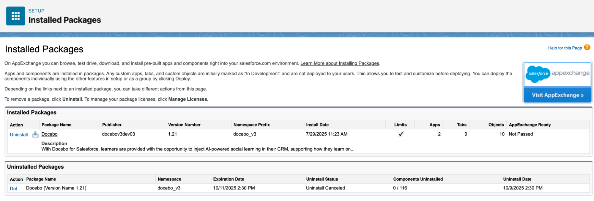 The Docebo package showing in the uninstalled packages section