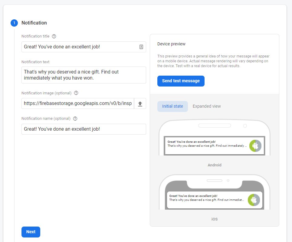 Cloud Messaging New Notification Step 1
